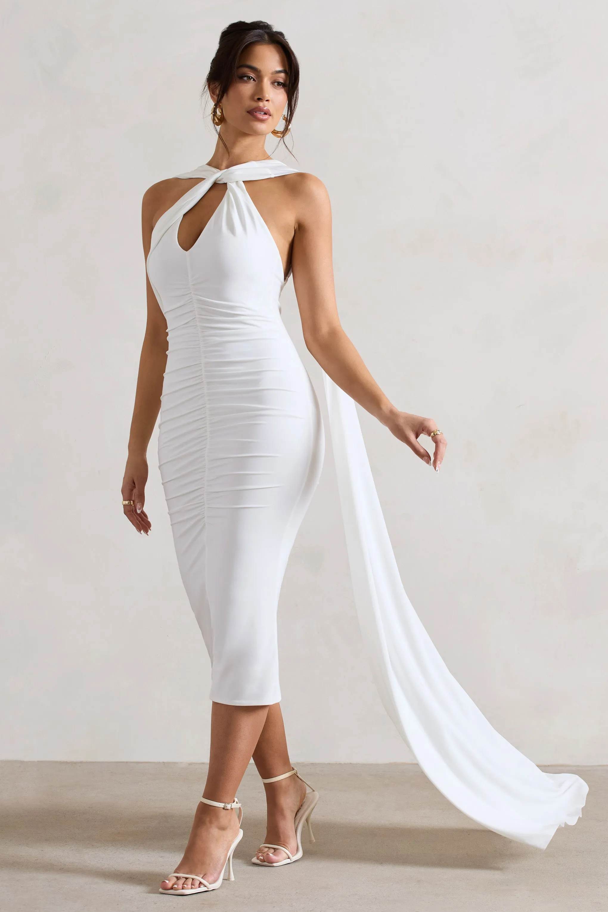 Freedom | White Strappy Asymmetric Cut-Out Midi Dress With Cape