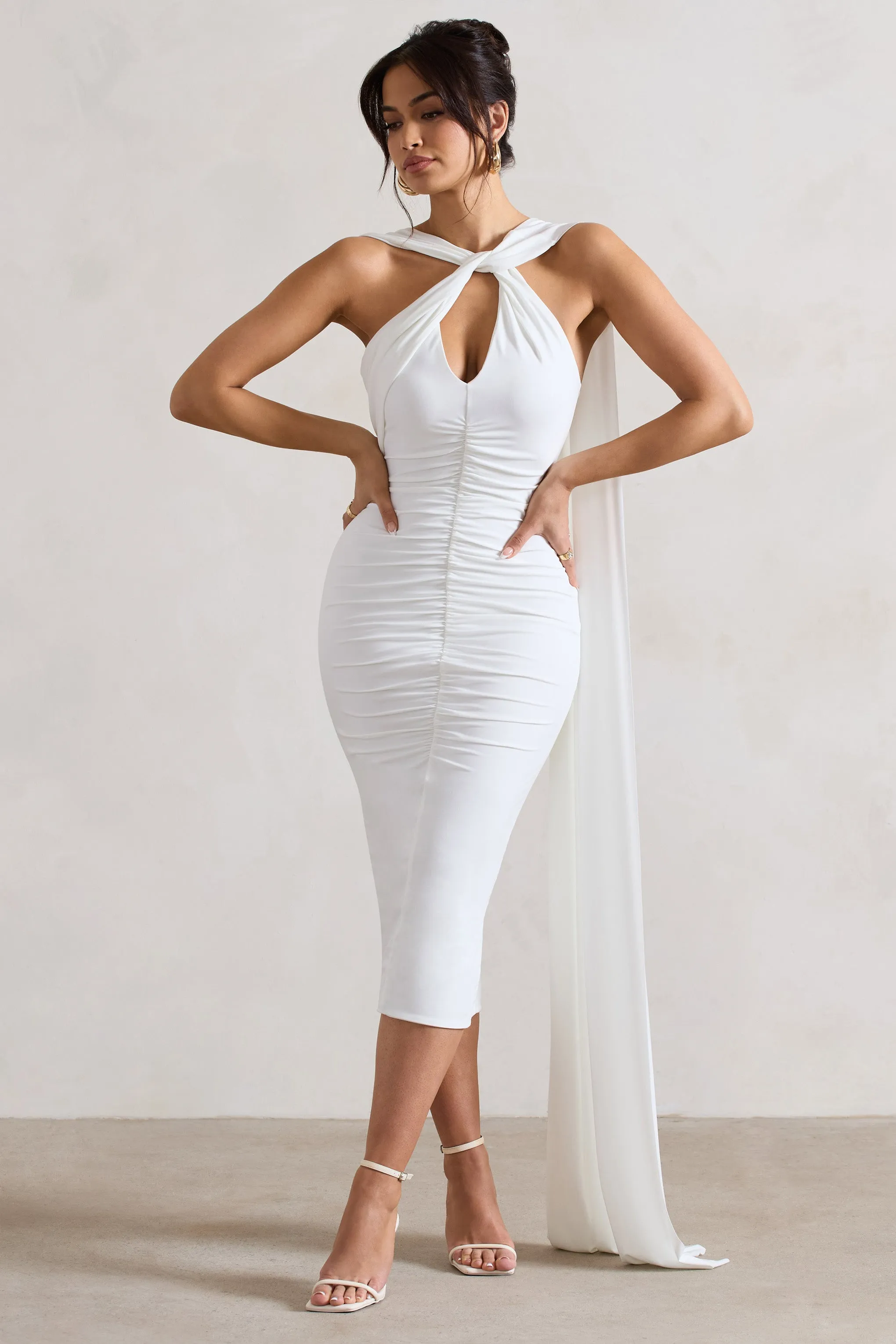 Freedom | White Strappy Asymmetric Cut-Out Midi Dress With Cape