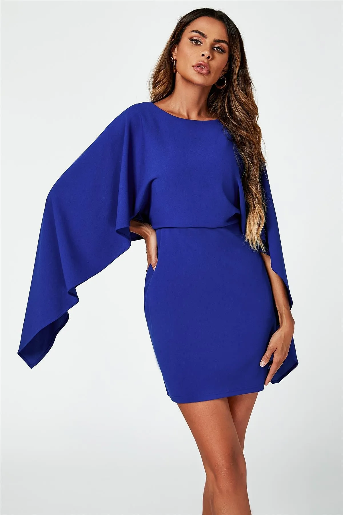 FS Collection Back Detail Mini Dress With Cape In Blue