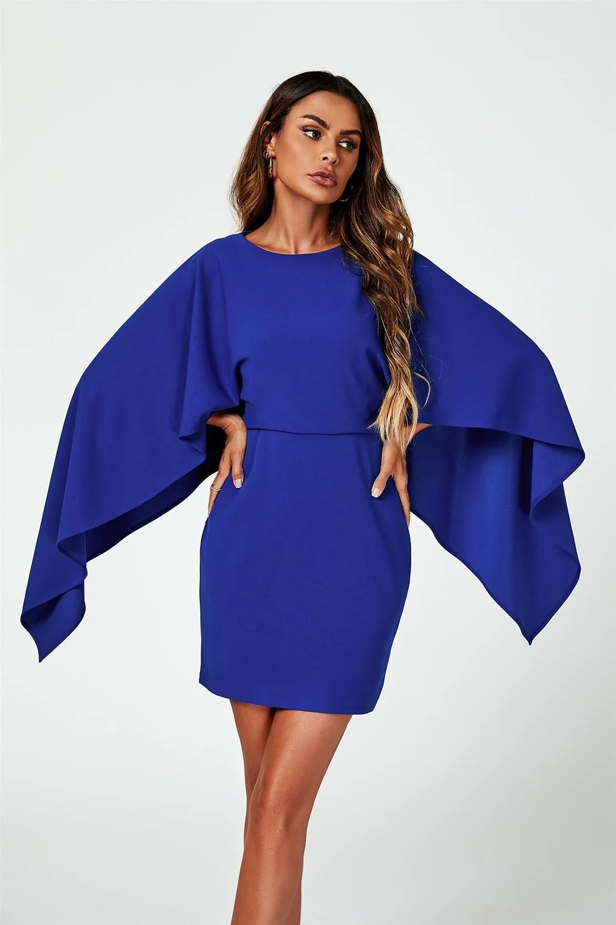 FS Collection Back Detail Mini Dress With Cape In Blue