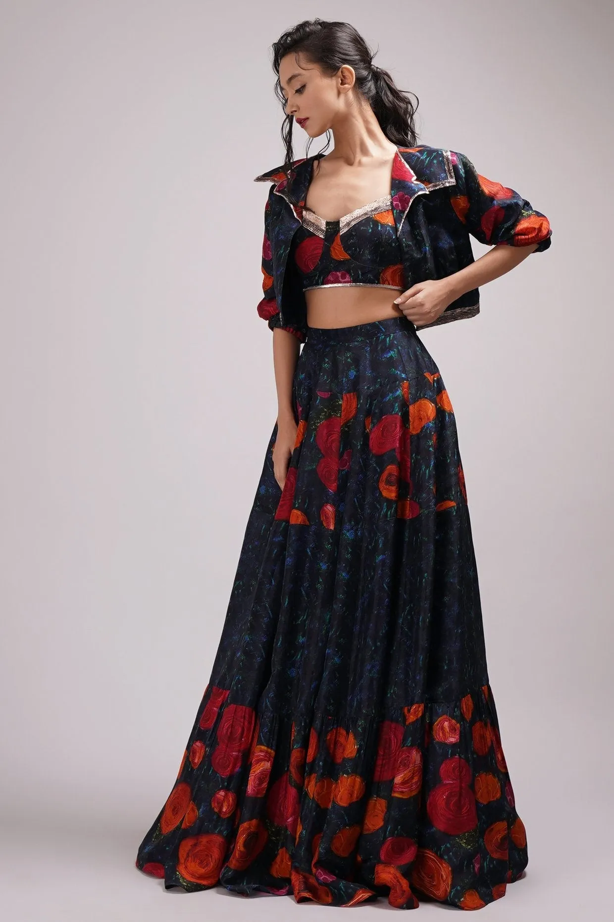 Fusion Style Bomber Jacket Sweetheart Neck Bustier Blouse Skirt/Lehenga Set.