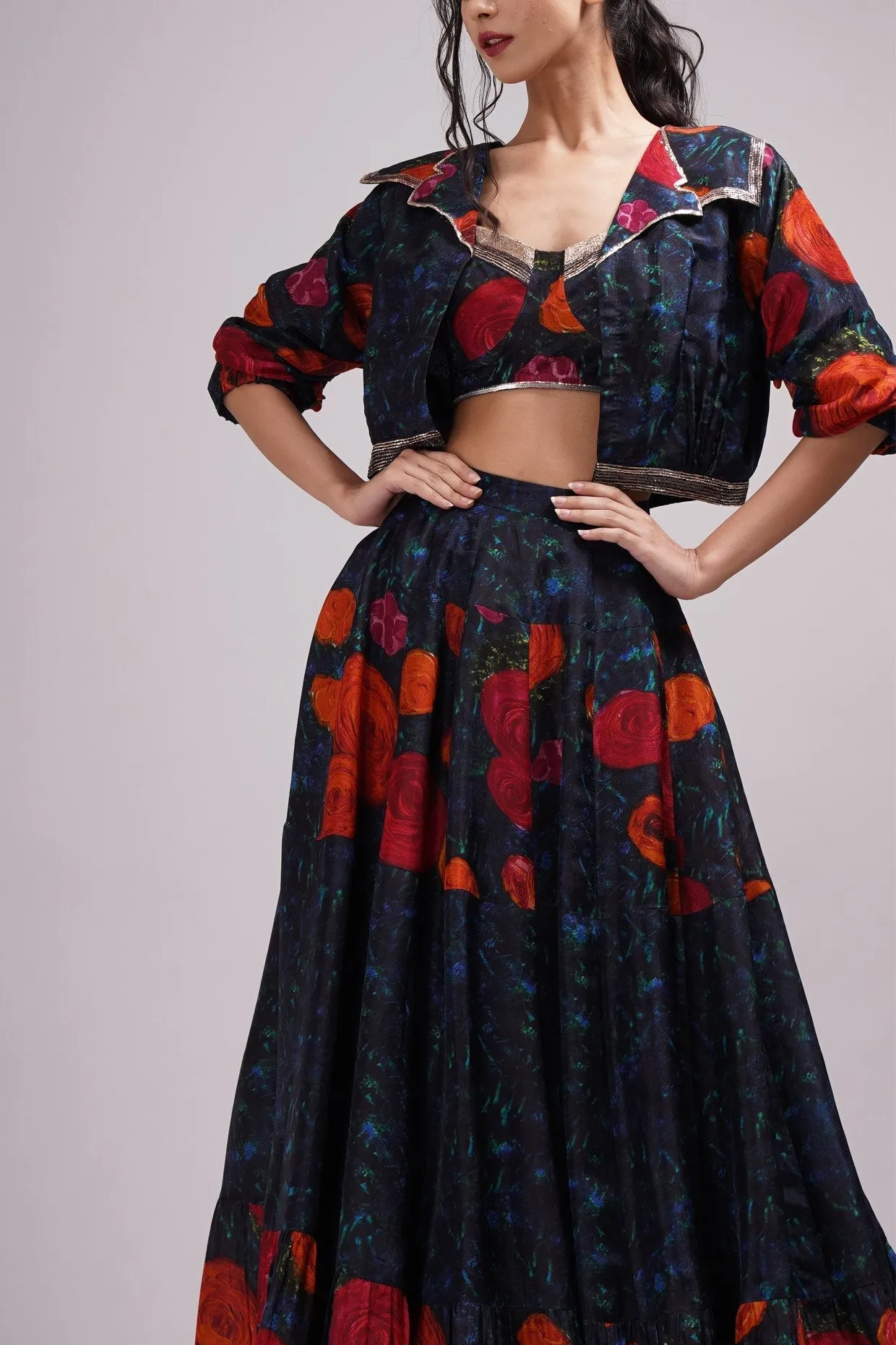 Fusion Style Bomber Jacket Sweetheart Neck Bustier Blouse Skirt/Lehenga Set.