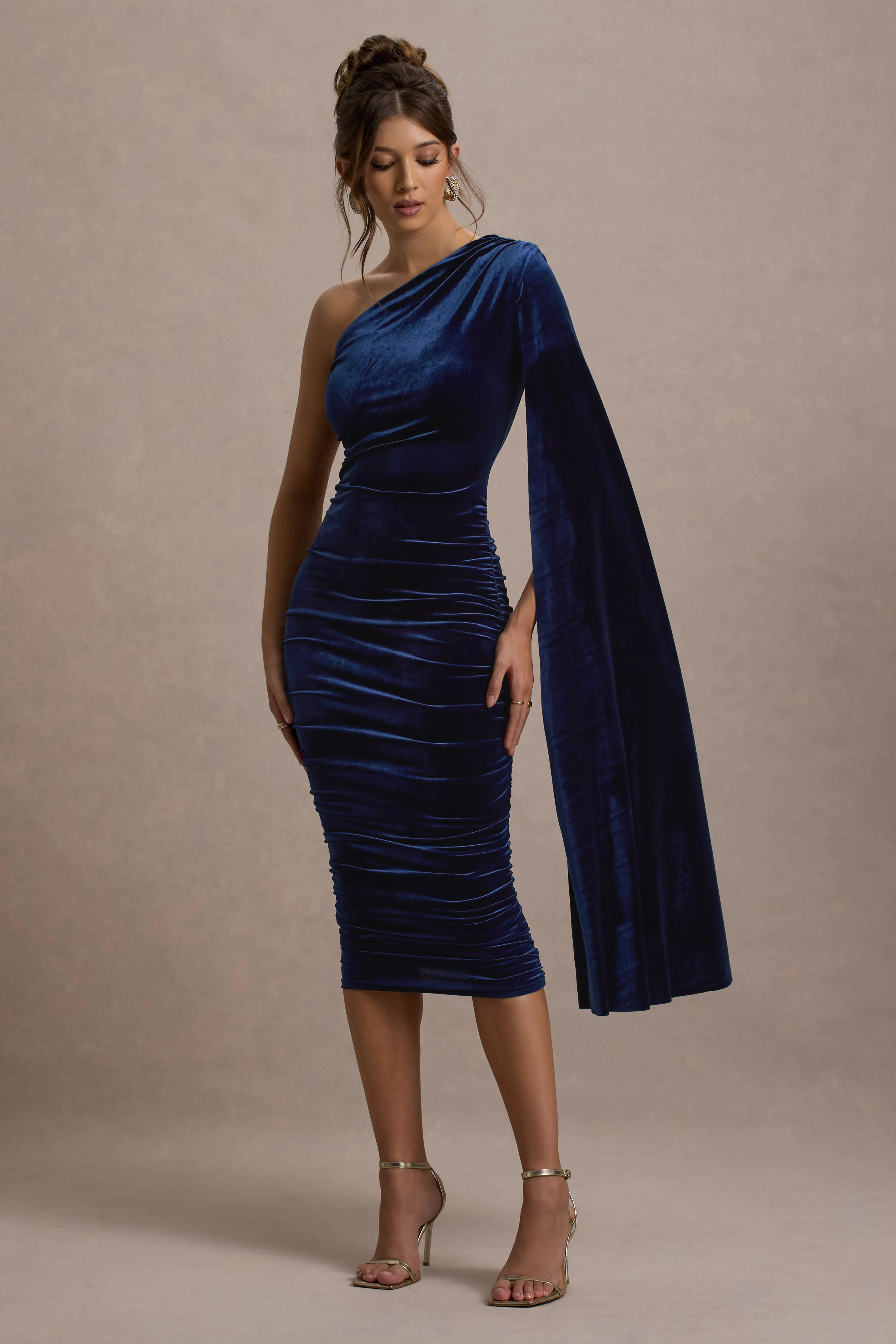 Gianna | Navy Velvet One Shoulder Cape Bodycon Midi Dress