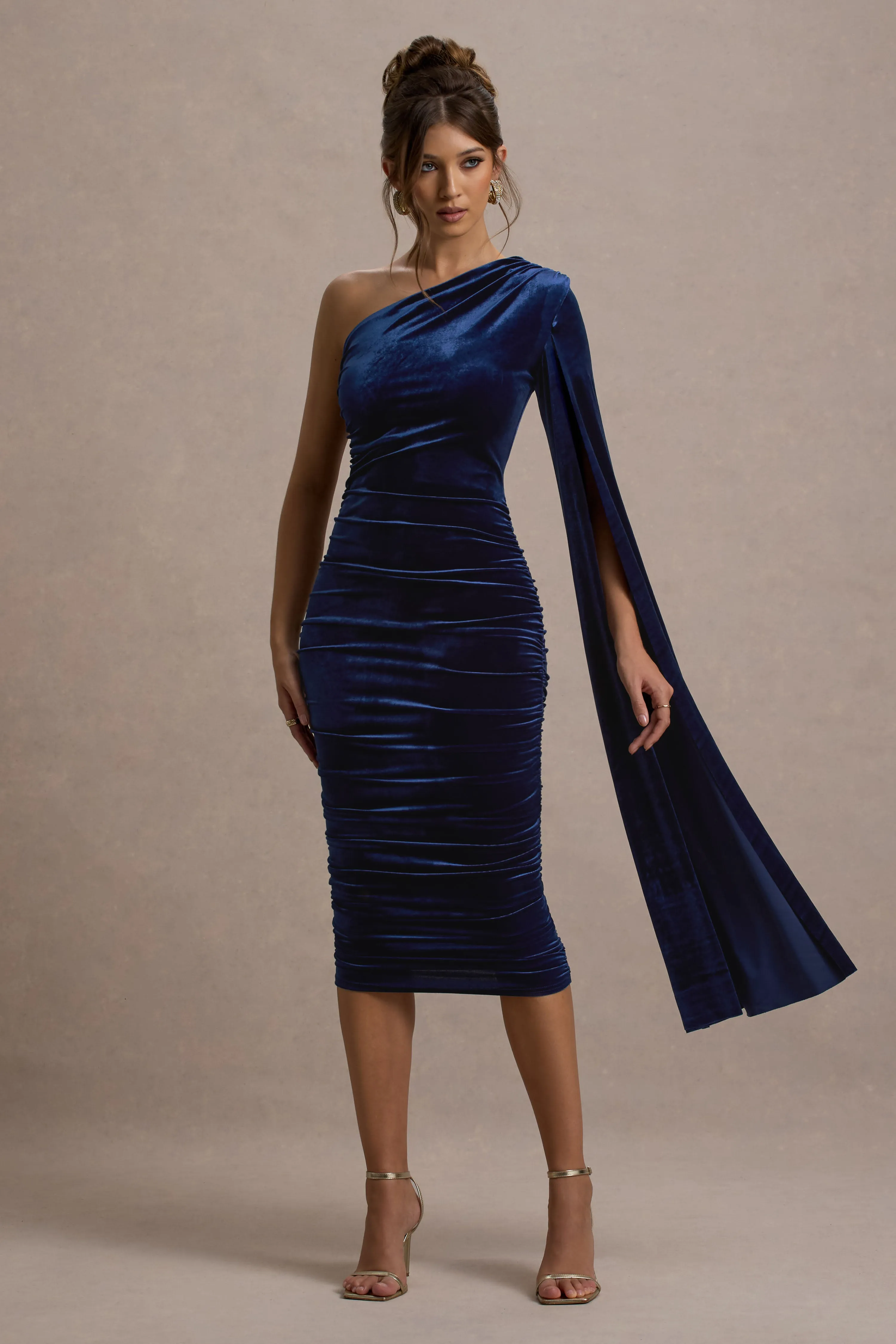 Gianna | Navy Velvet One Shoulder Cape Bodycon Midi Dress