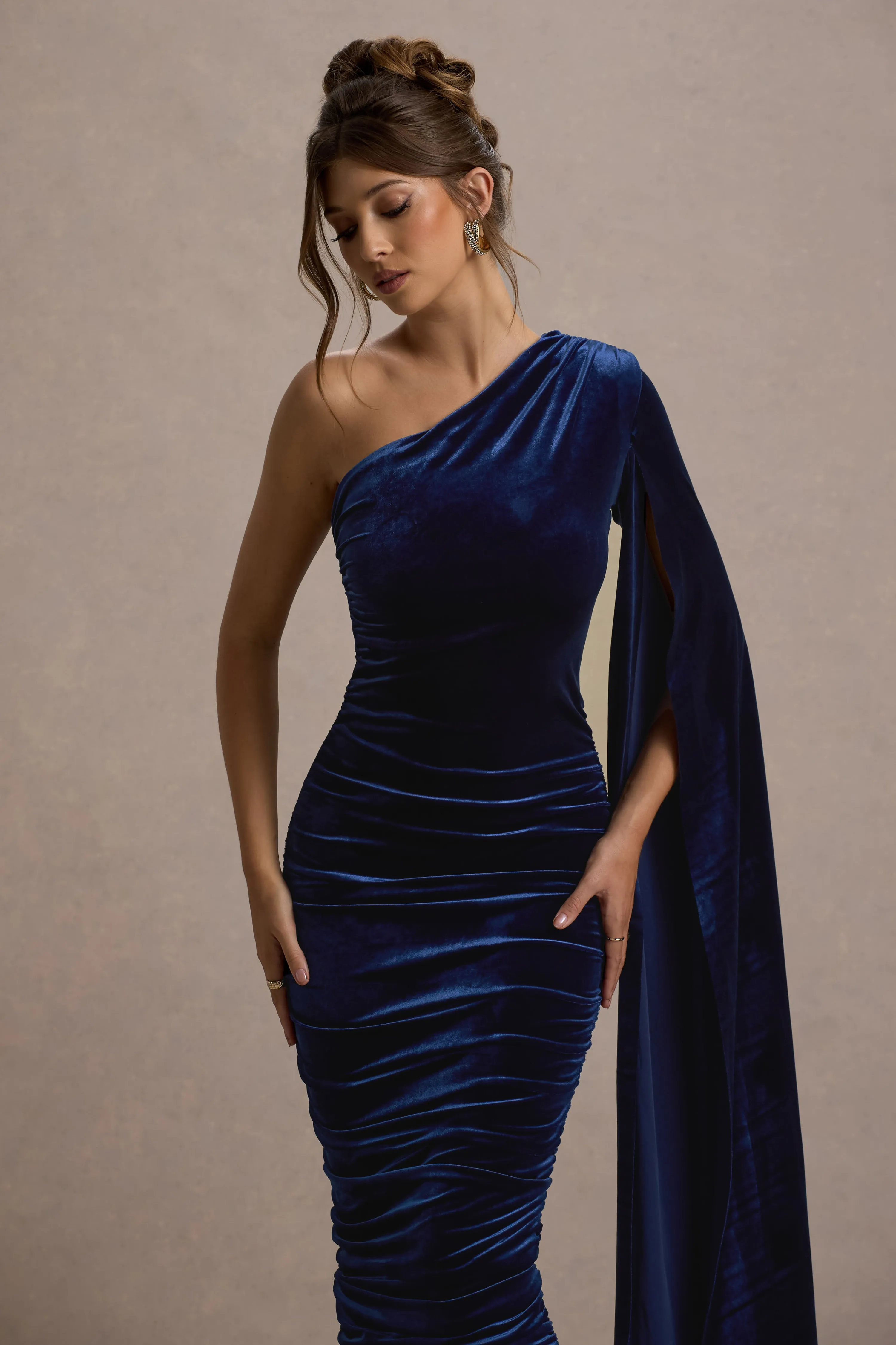 Gianna | Navy Velvet One Shoulder Cape Bodycon Midi Dress