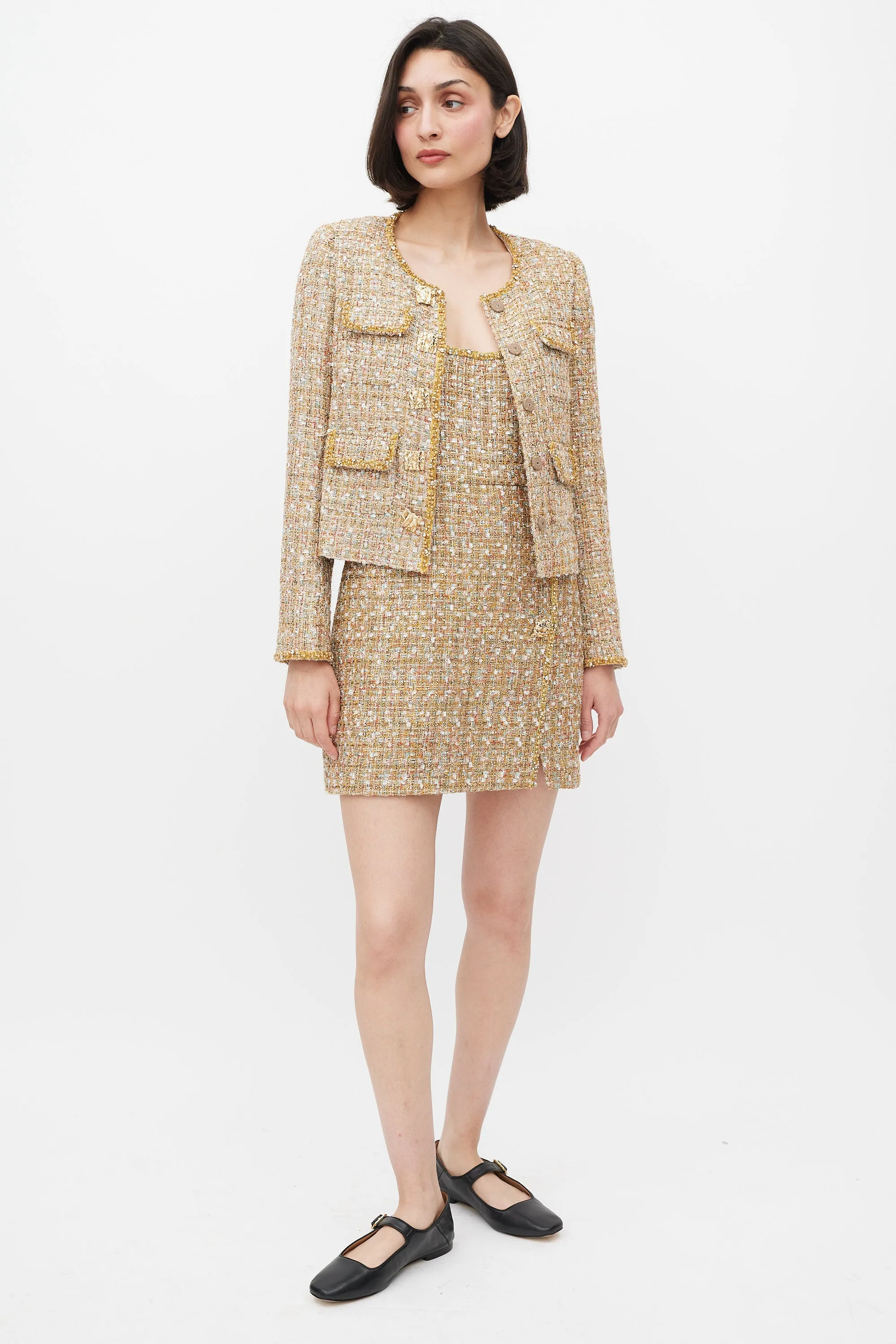 Gold & Mulitcolour Tinsel Boucle Dress & Jacket Set