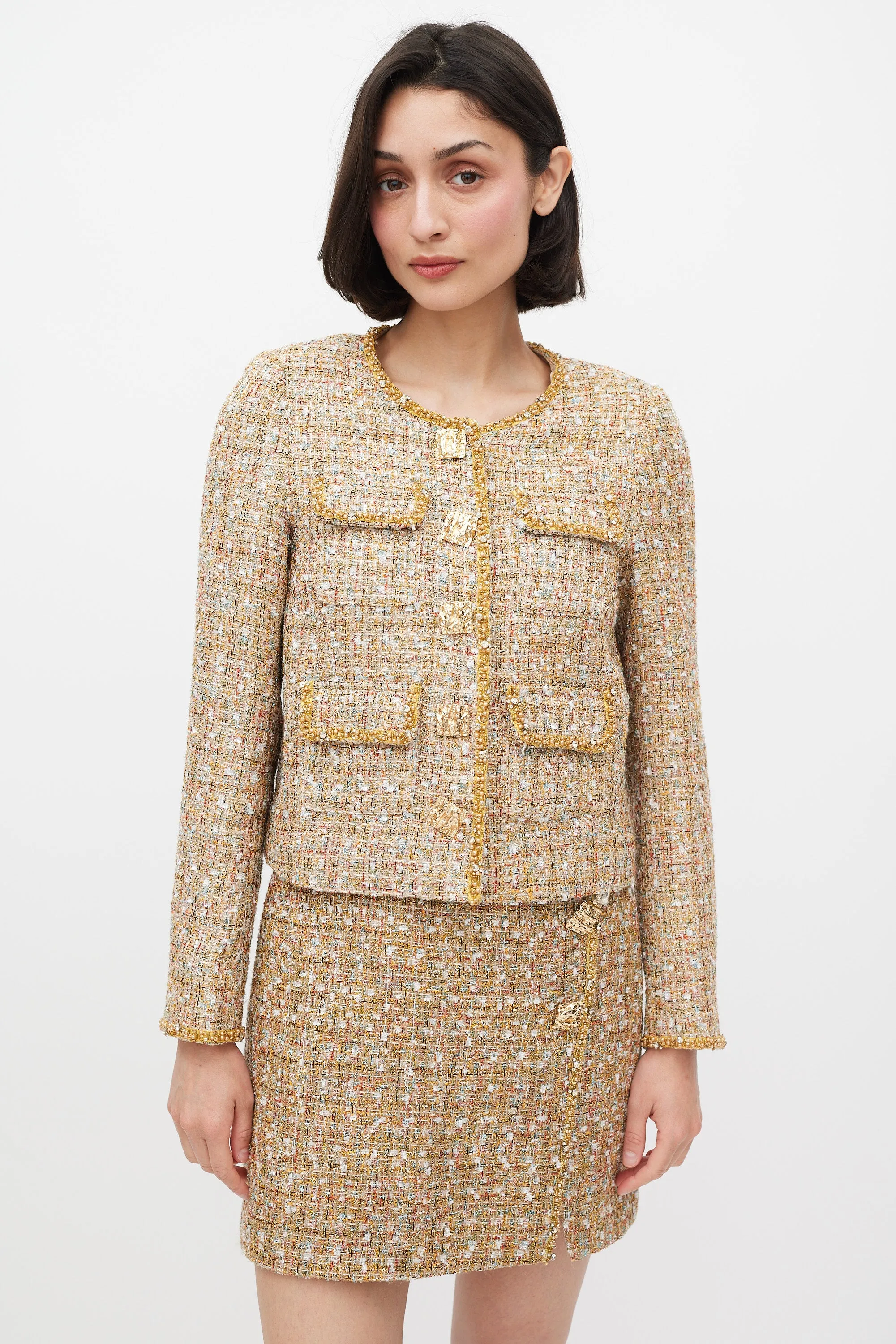 Gold & Mulitcolour Tinsel Boucle Dress & Jacket Set