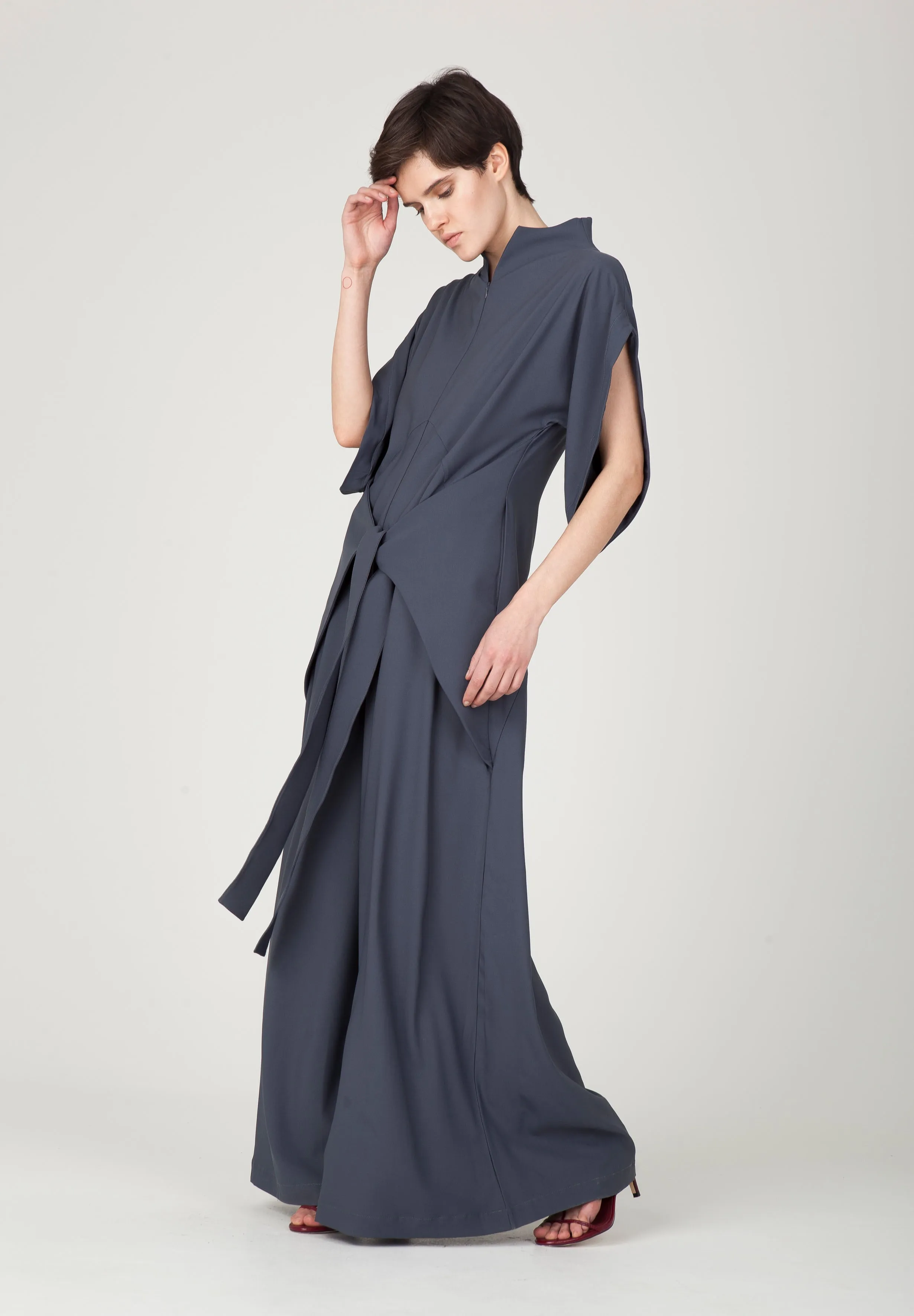 Gray Short Sleeve High Neck Wide-Leg Japanese Kimono Jumpsuit LEA