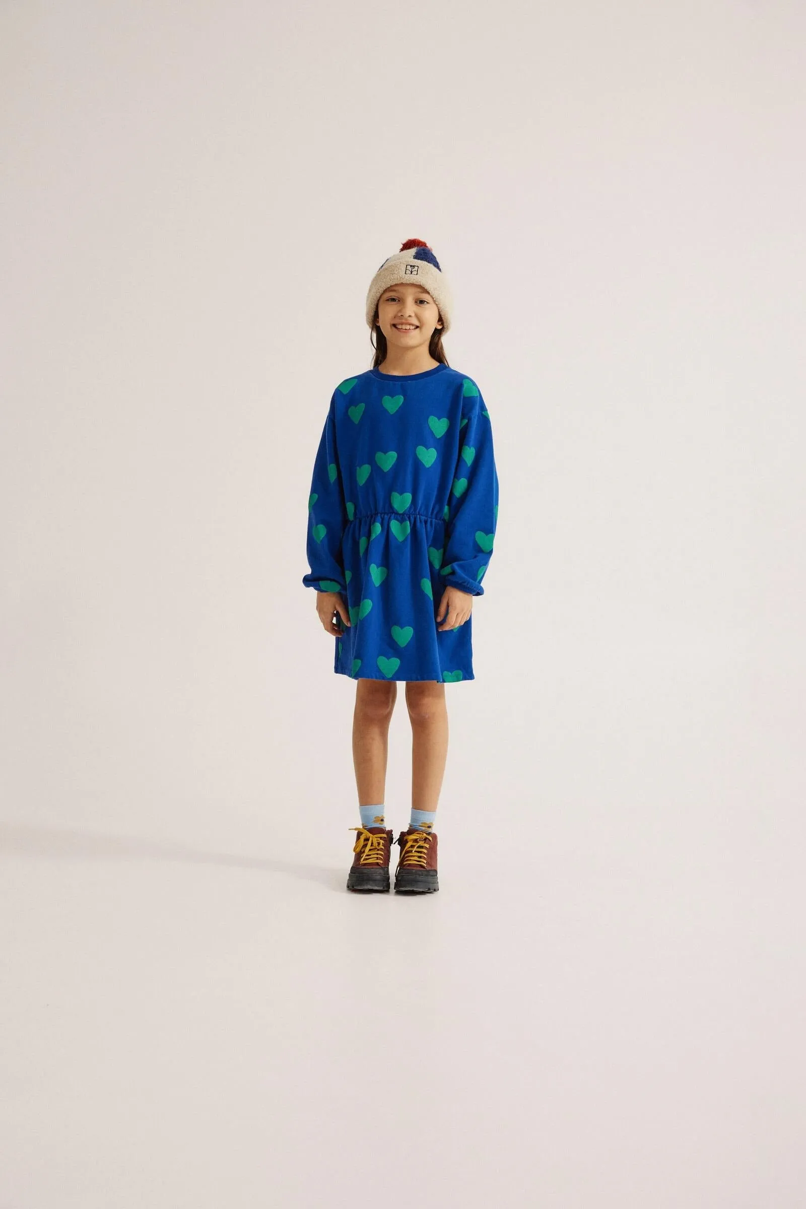 Green Hearts Long Sleeves Kids Dress