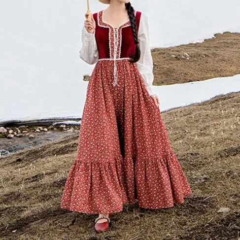 Gunne sax Style Floral Velvet Stitched Dress [Final Sale]