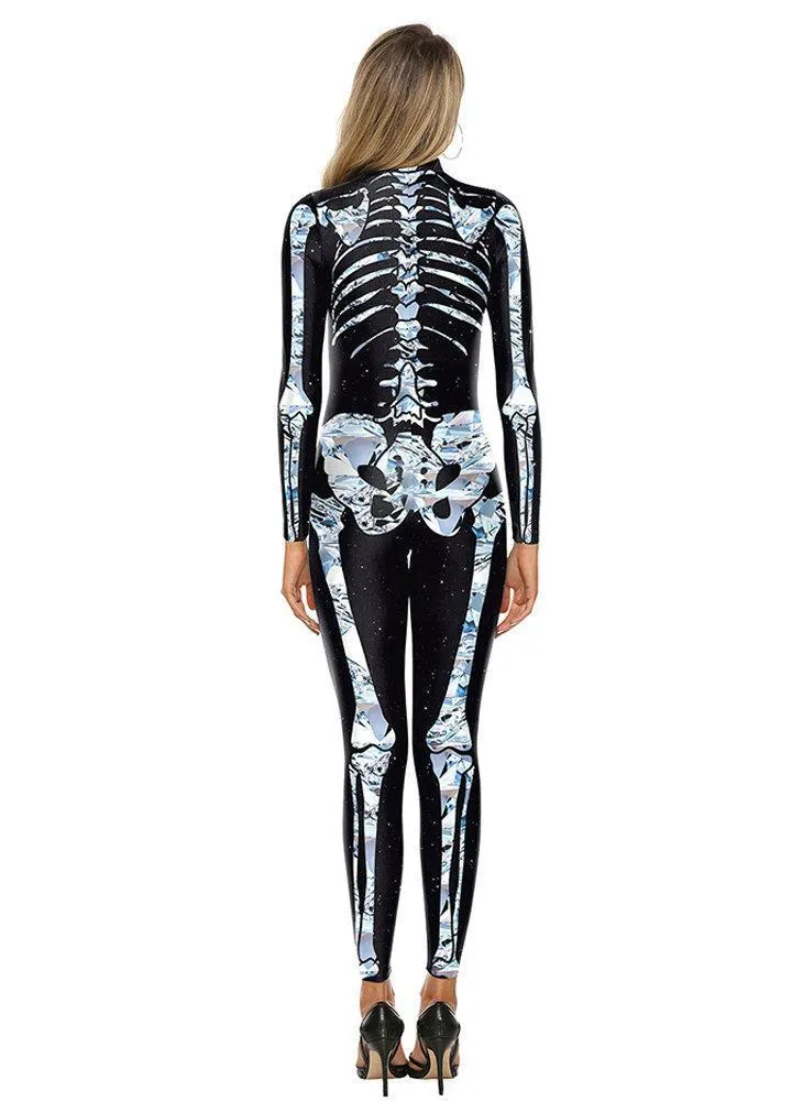 Halloween White Skeleton Elastic Bodycon Jumpsuit Cosplay Costume