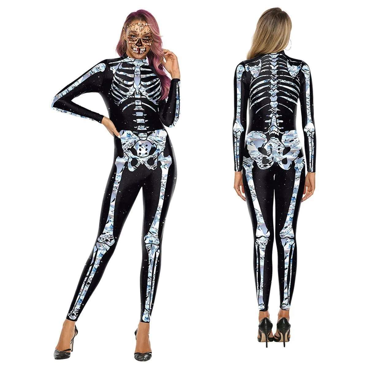 Halloween White Skeleton Elastic Bodycon Jumpsuit Cosplay Costume