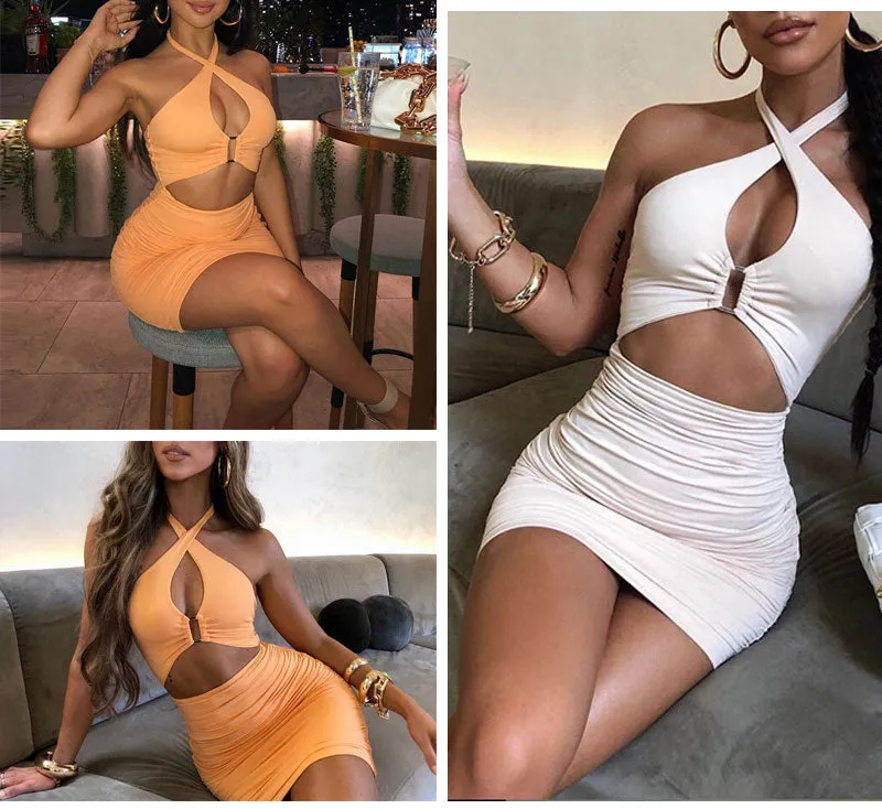 Halter Ruched Bodycon Dress Cut Out Backless Sexy Summer Mini Party Night Club Dress