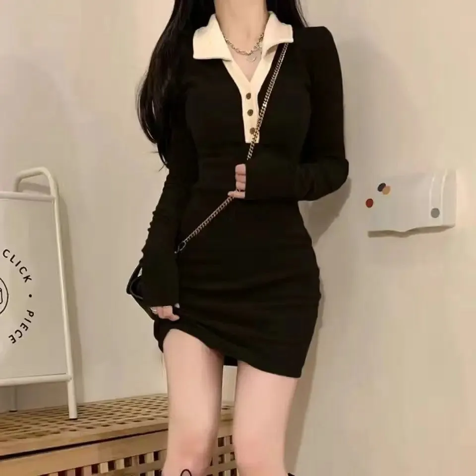 Harajuku Knitted School T-shirt Dress Women Korean Style Polo Collar Bodycon Wrap Short Dresses Autumn Vintage