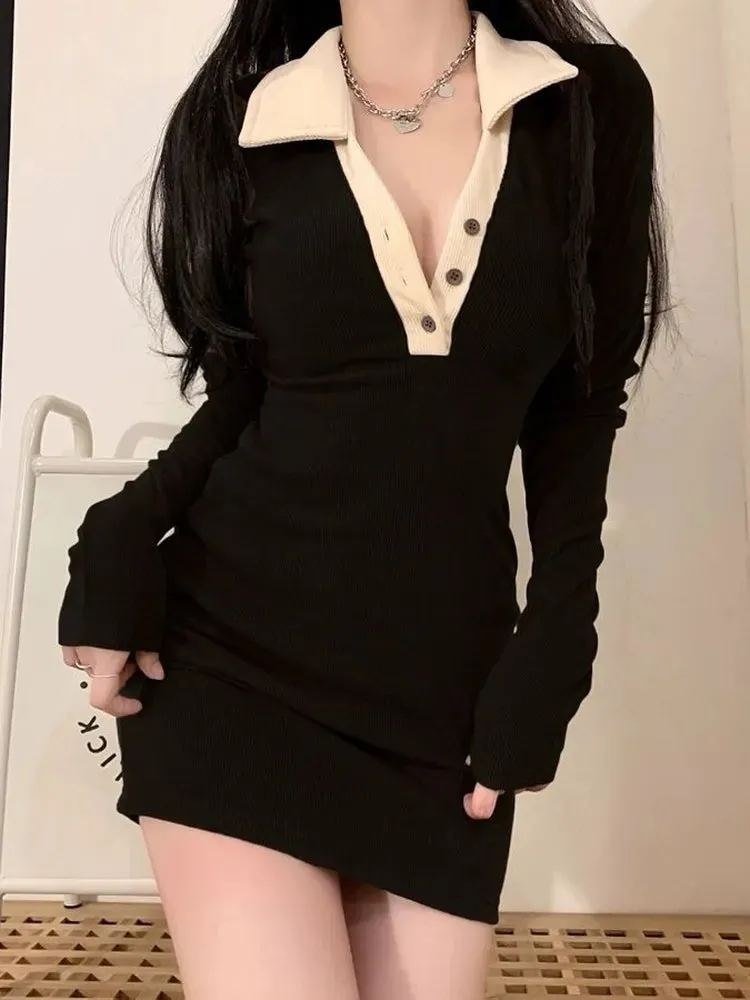 Harajuku Knitted School T-shirt Dress Women Korean Style Polo Collar Bodycon Wrap Short Dresses Autumn Vintage