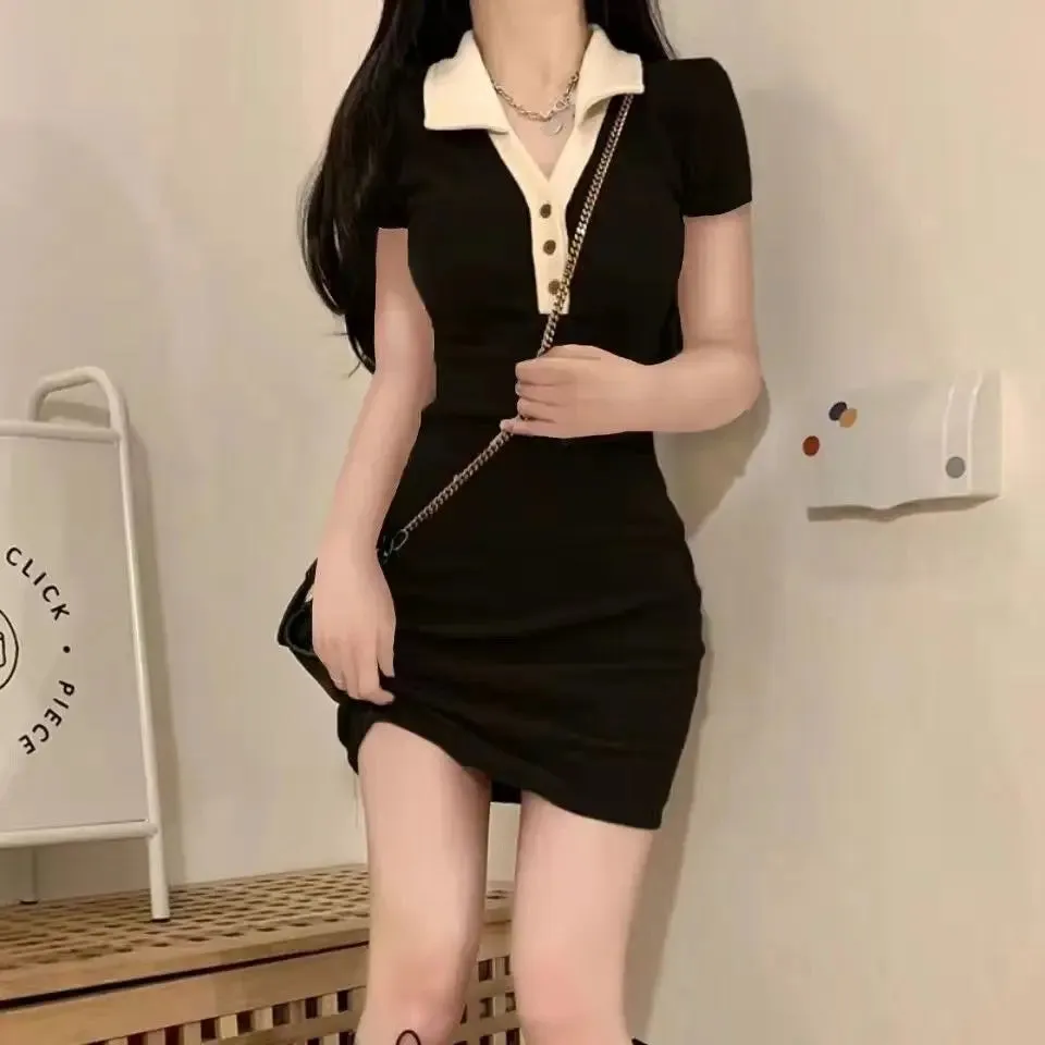 Harajuku Knitted School T-shirt Dress Women Korean Style Polo Collar Bodycon Wrap Short Dresses Autumn Vintage