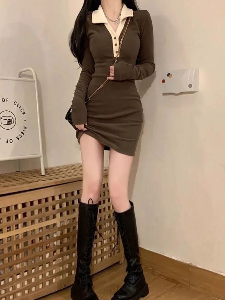 Harajuku Knitted School T-shirt Dress Women Korean Style Polo Collar Bodycon Wrap Short Dresses Autumn Vintage