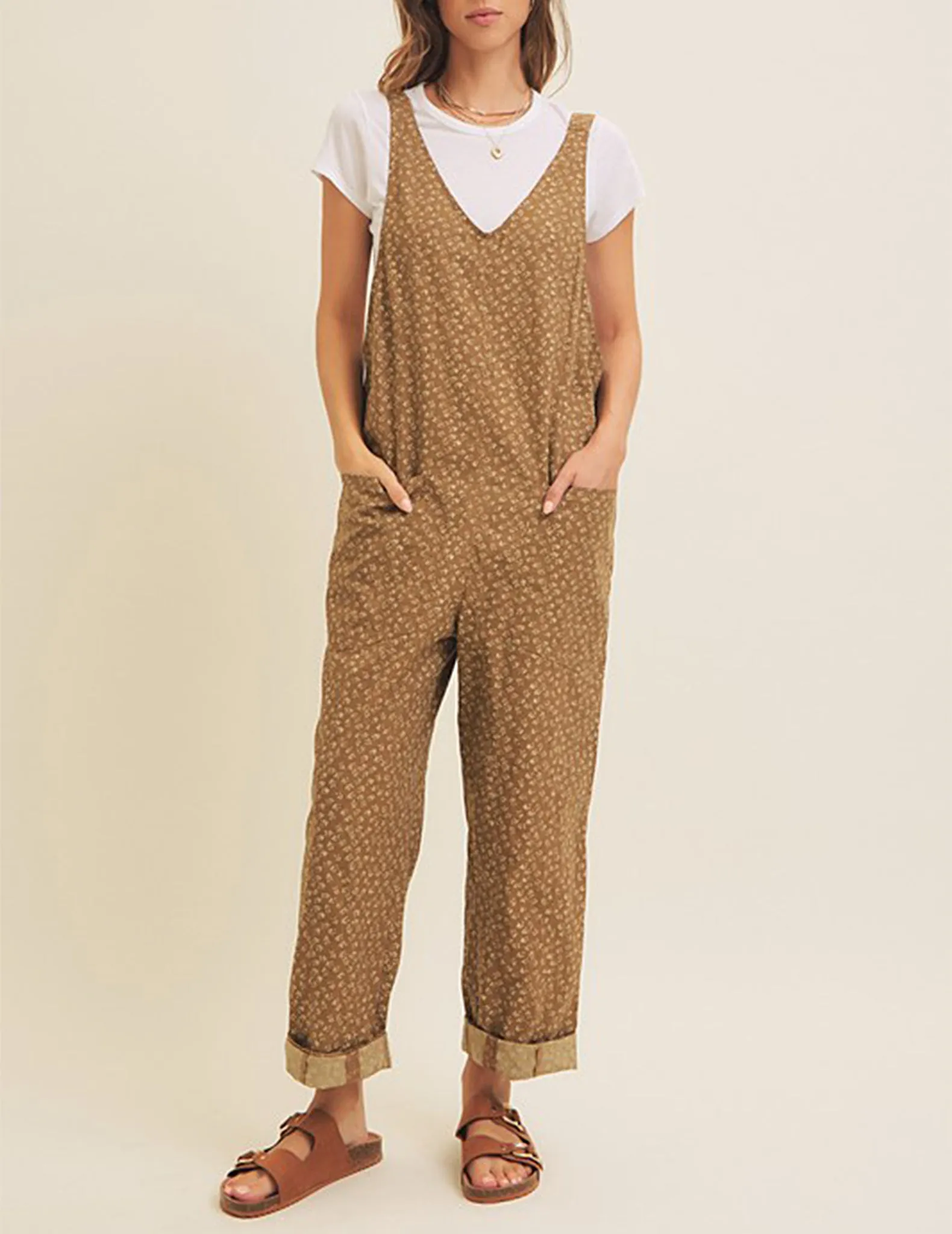 Harper Floral Print Brown Cotton Jumpsuit