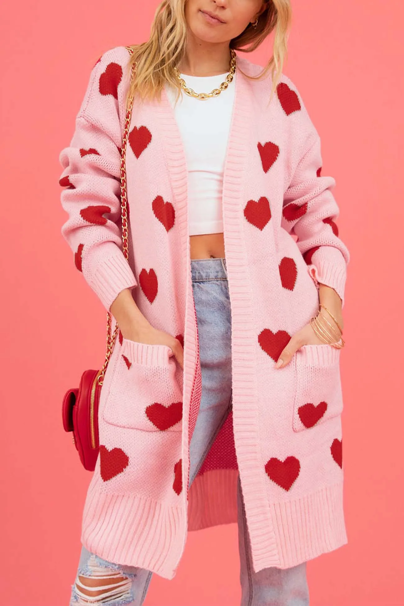 Heart Open Front Pocket Long Cardigan