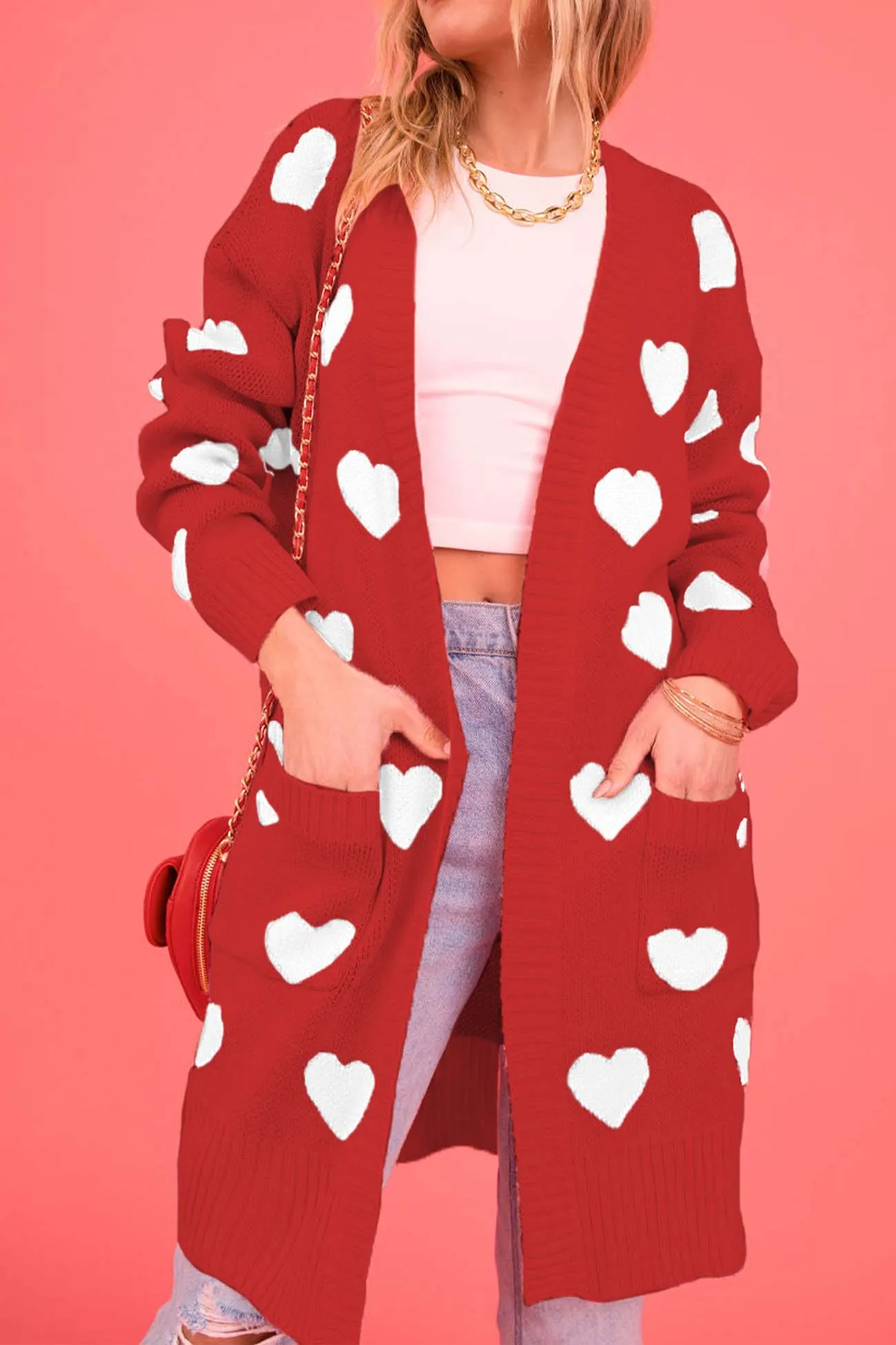 Heart Open Front Pocket Long Cardigan