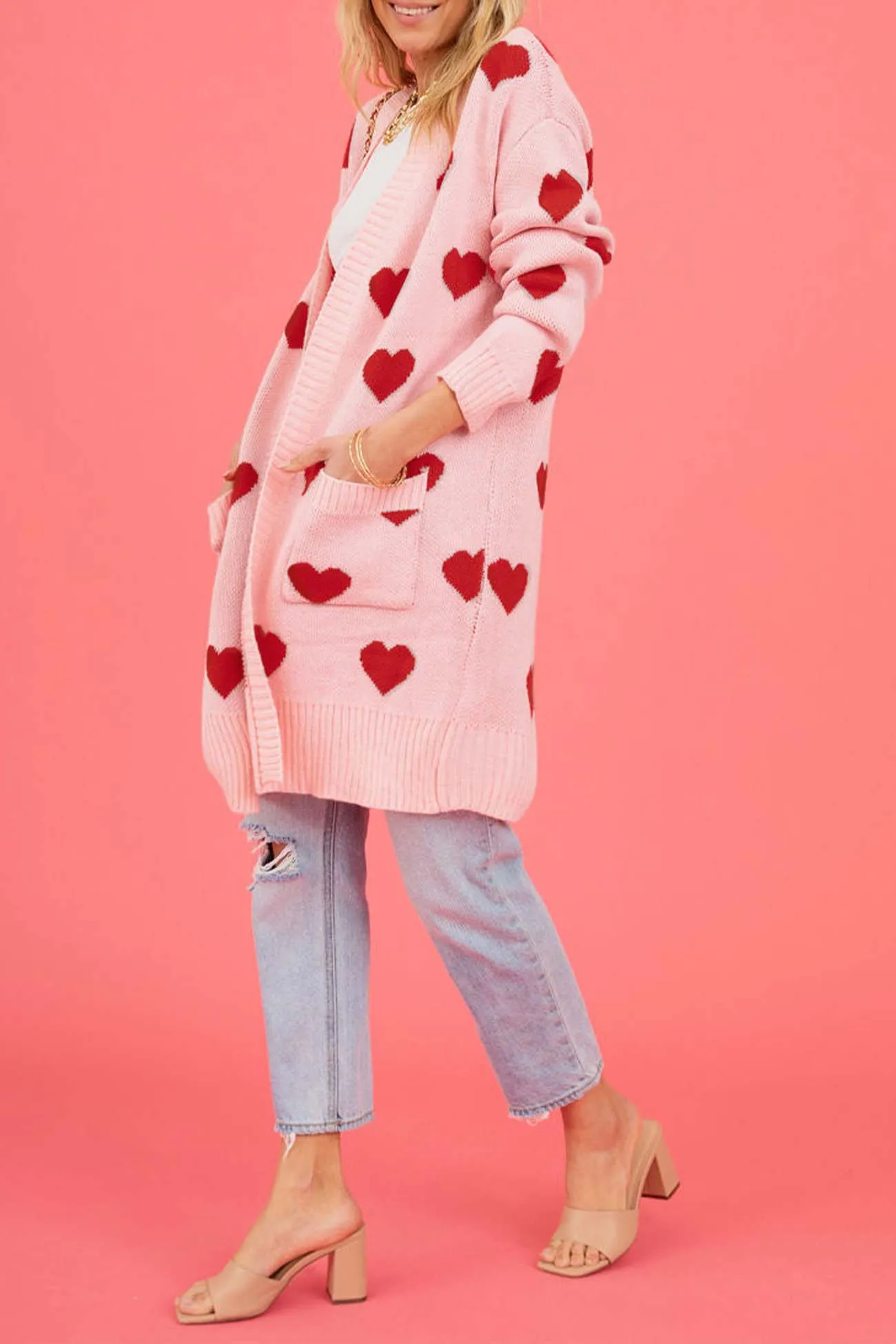 Heart Open Front Pocket Long Cardigan