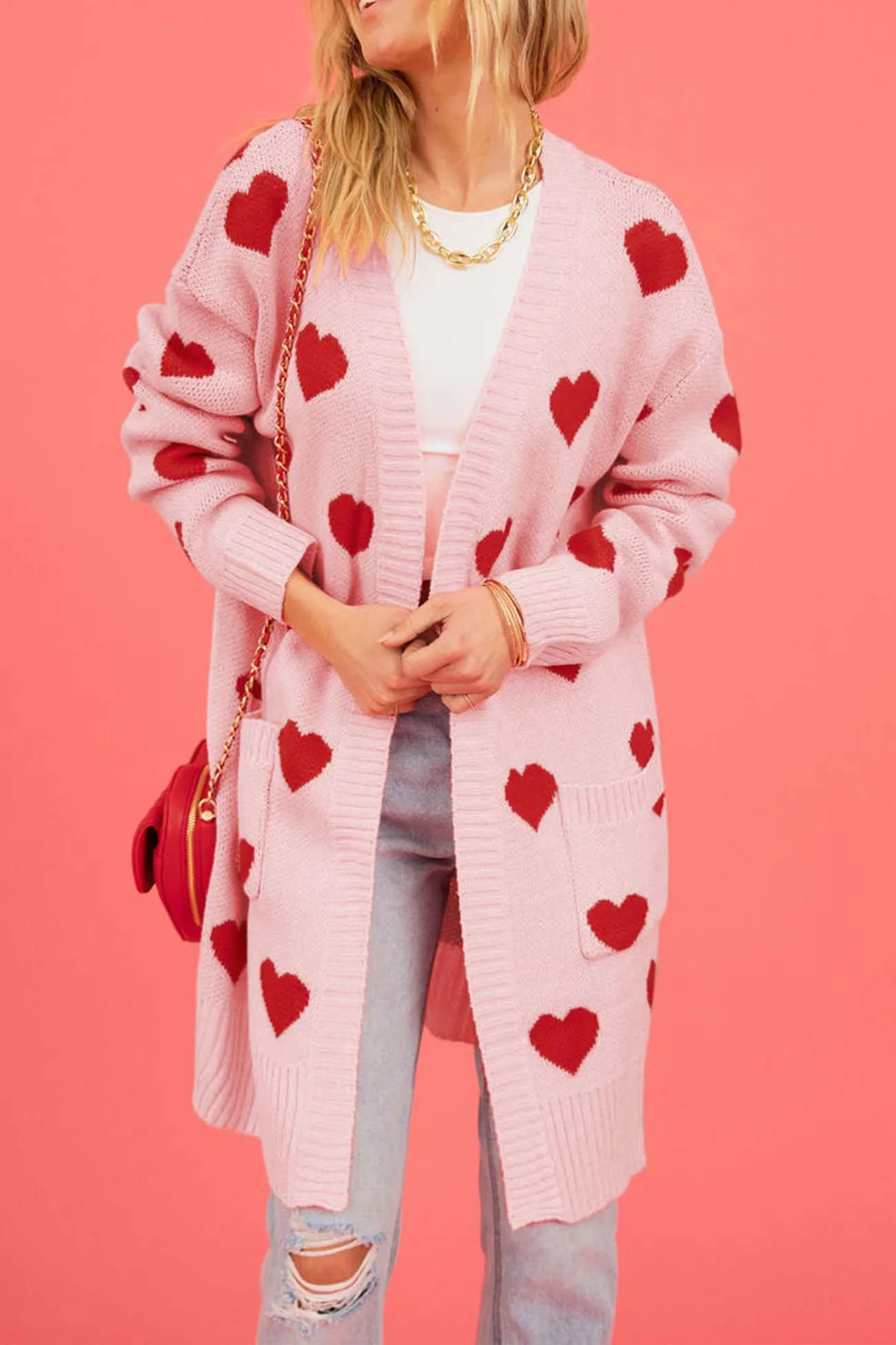 Heart Open Front Pocket Long Cardigan