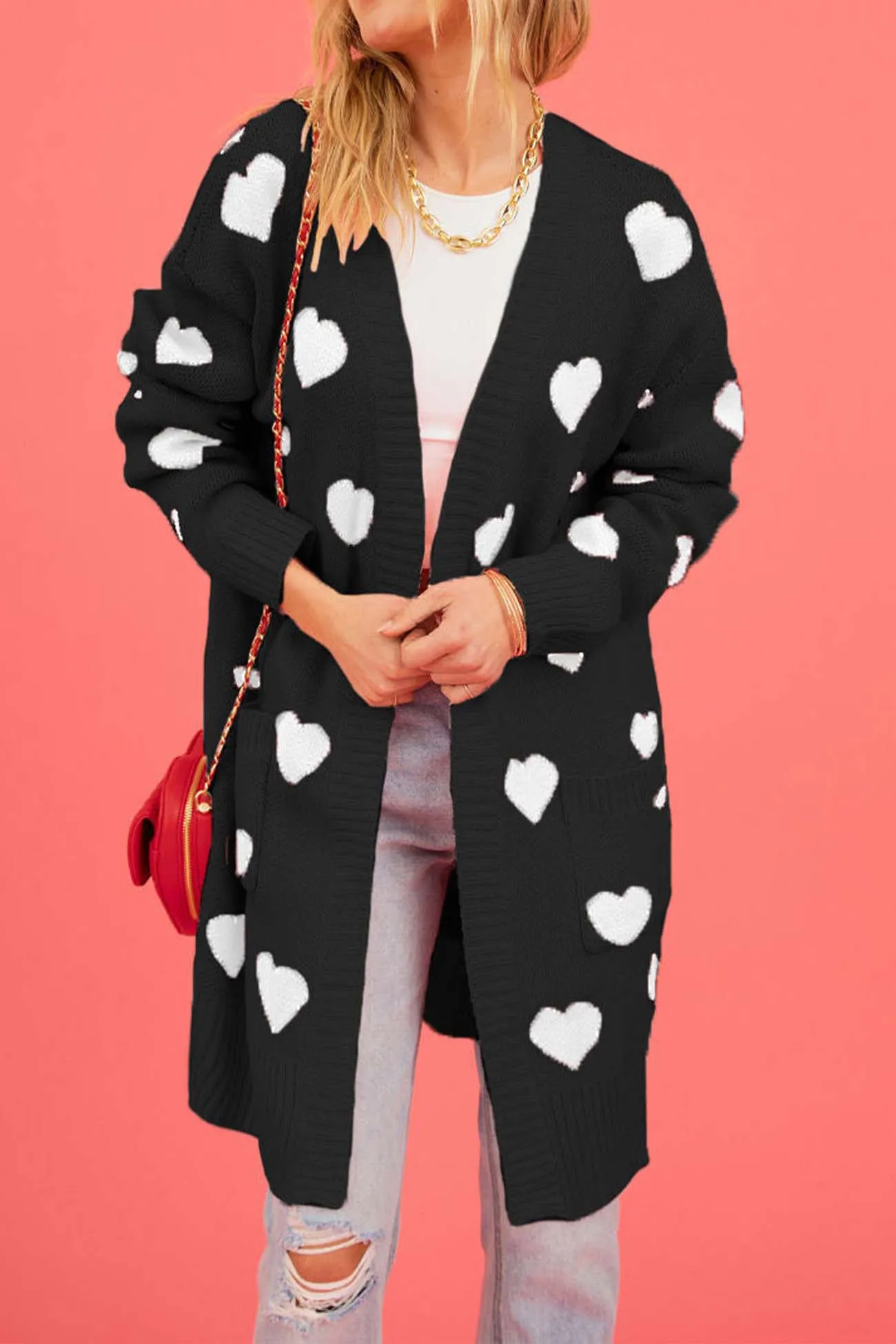 Heart Open Front Pocket Long Cardigan