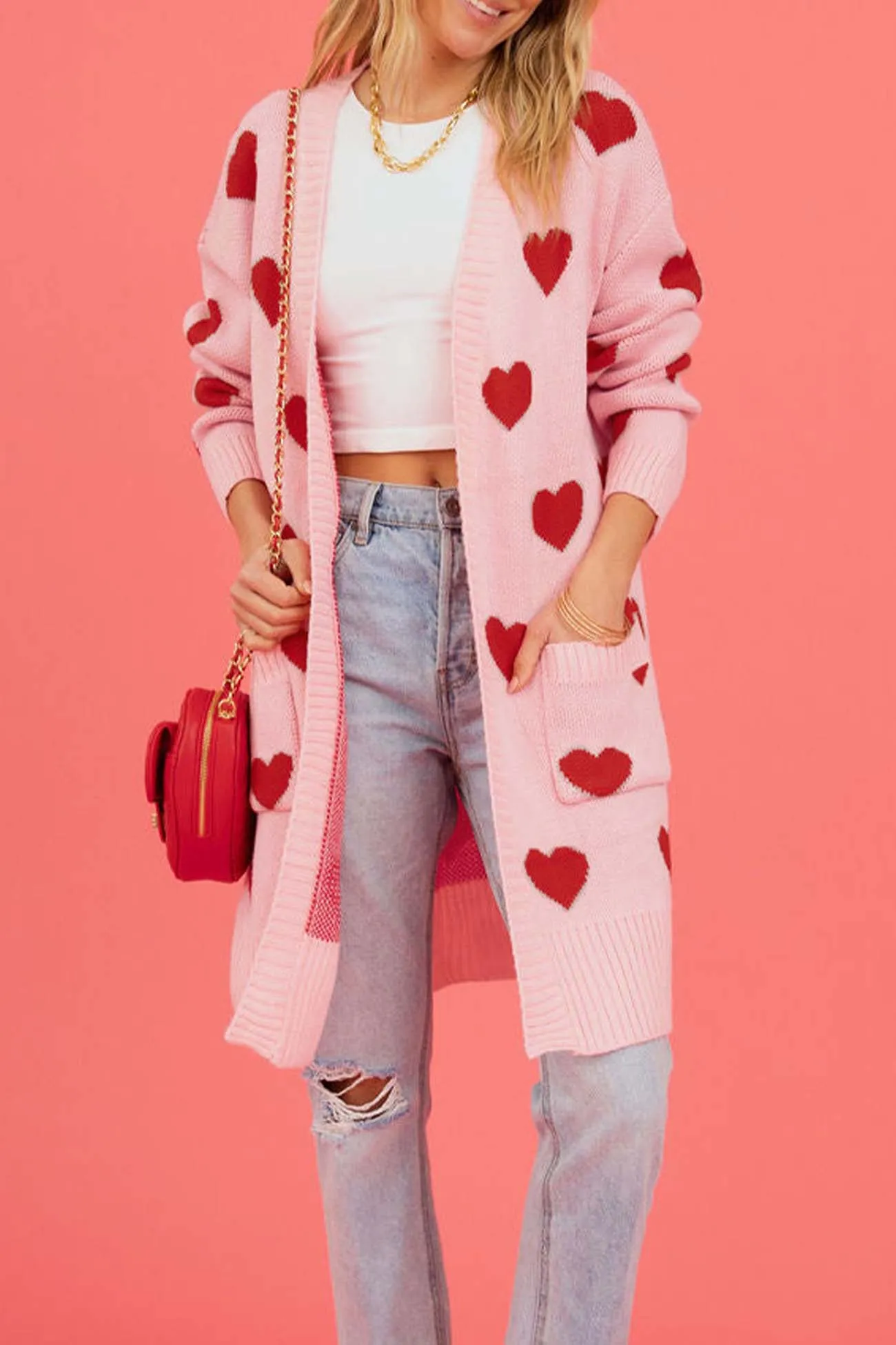 Heart Open Front Pocket Long Cardigan