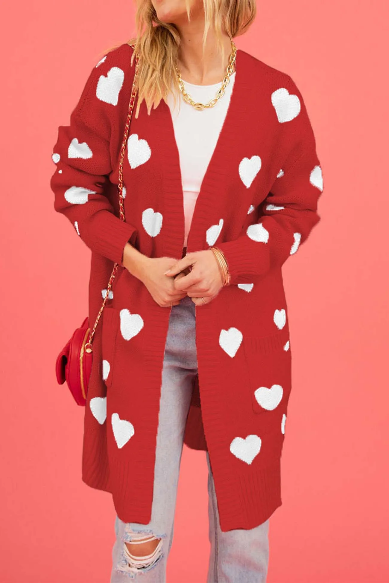 Heart Open Front Pocket Long Cardigan