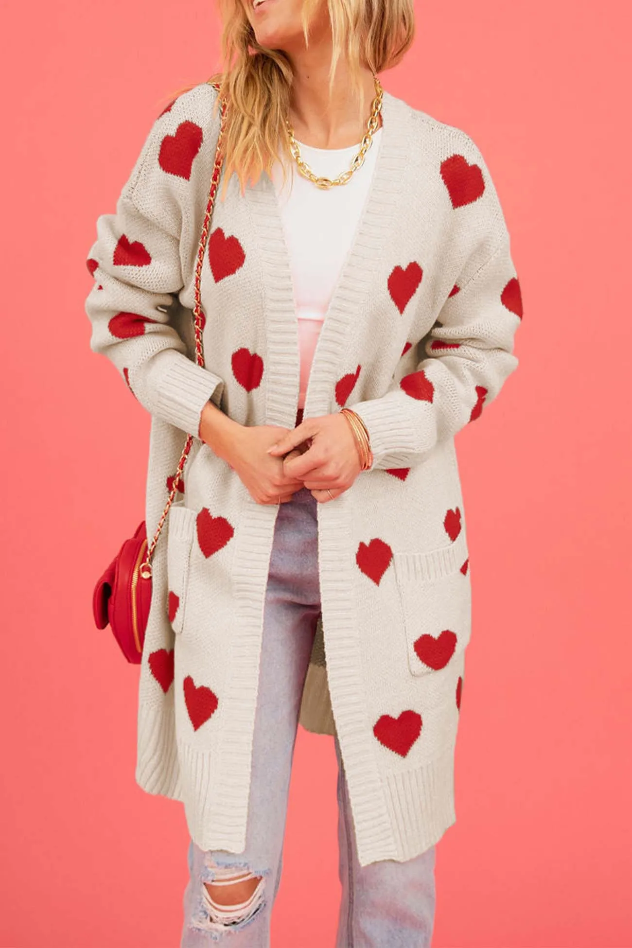 Heart Open Front Pocket Long Cardigan