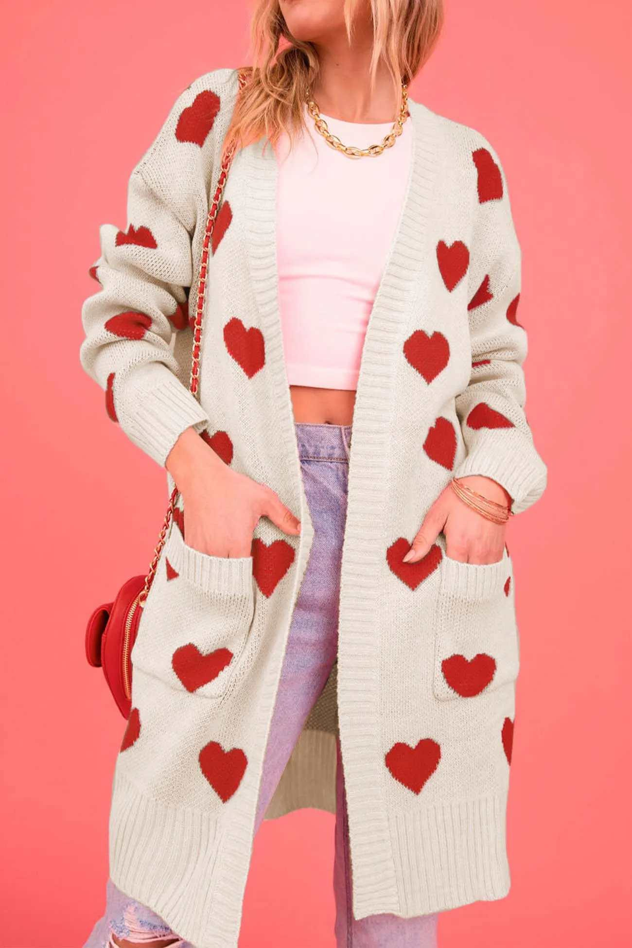 Heart Open Front Pocket Long Cardigan