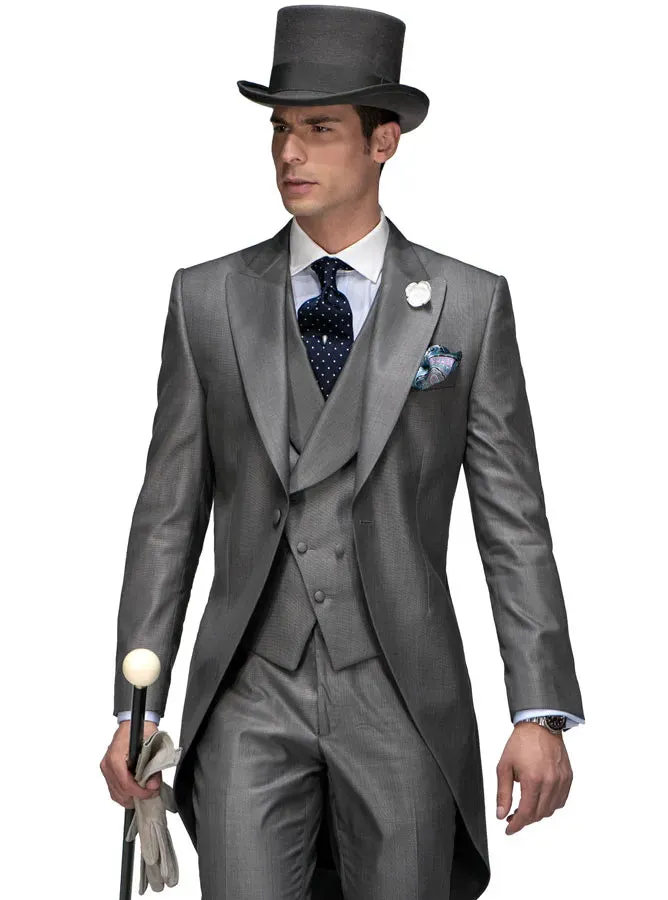 Hot Recommend Dark Grey Tailcoat Groom Tuxedos Morning Style Men Wedding Wear Men Formal Dinner Prom Party Suit(Jacket Pants Tie Vest) 1108