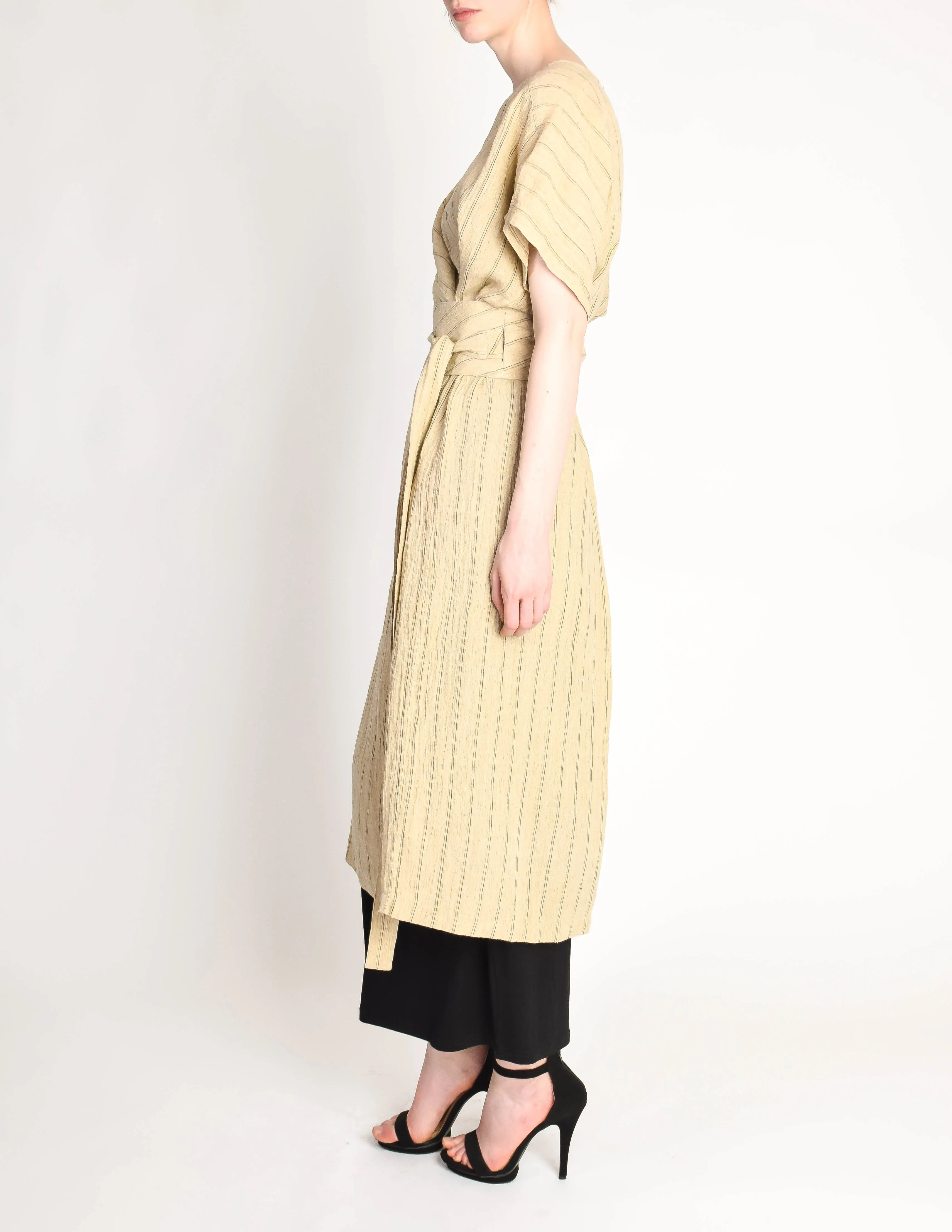 Issey Miyake Vintage Beige Linen Belted Wrap Duster Dress