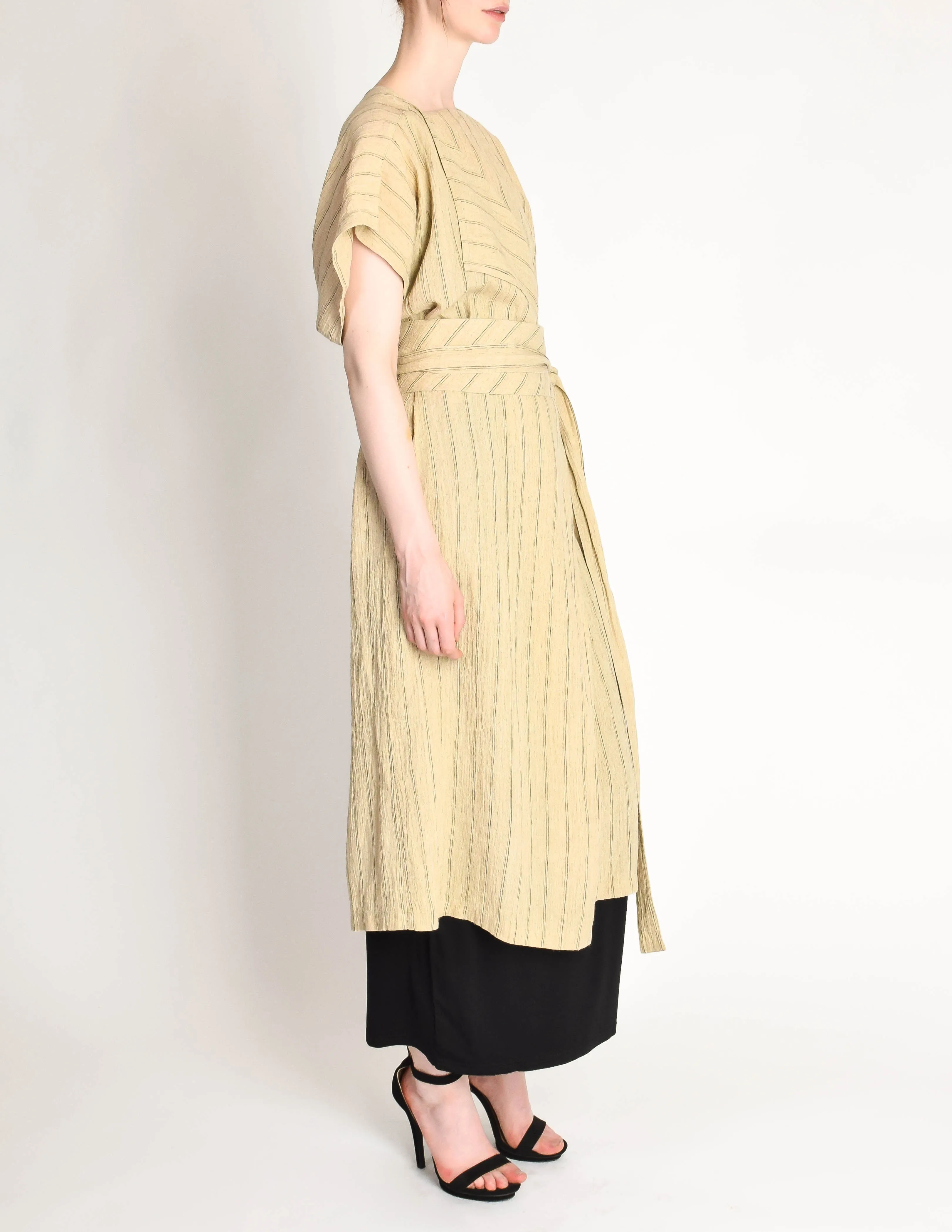 Issey Miyake Vintage Beige Linen Belted Wrap Duster Dress