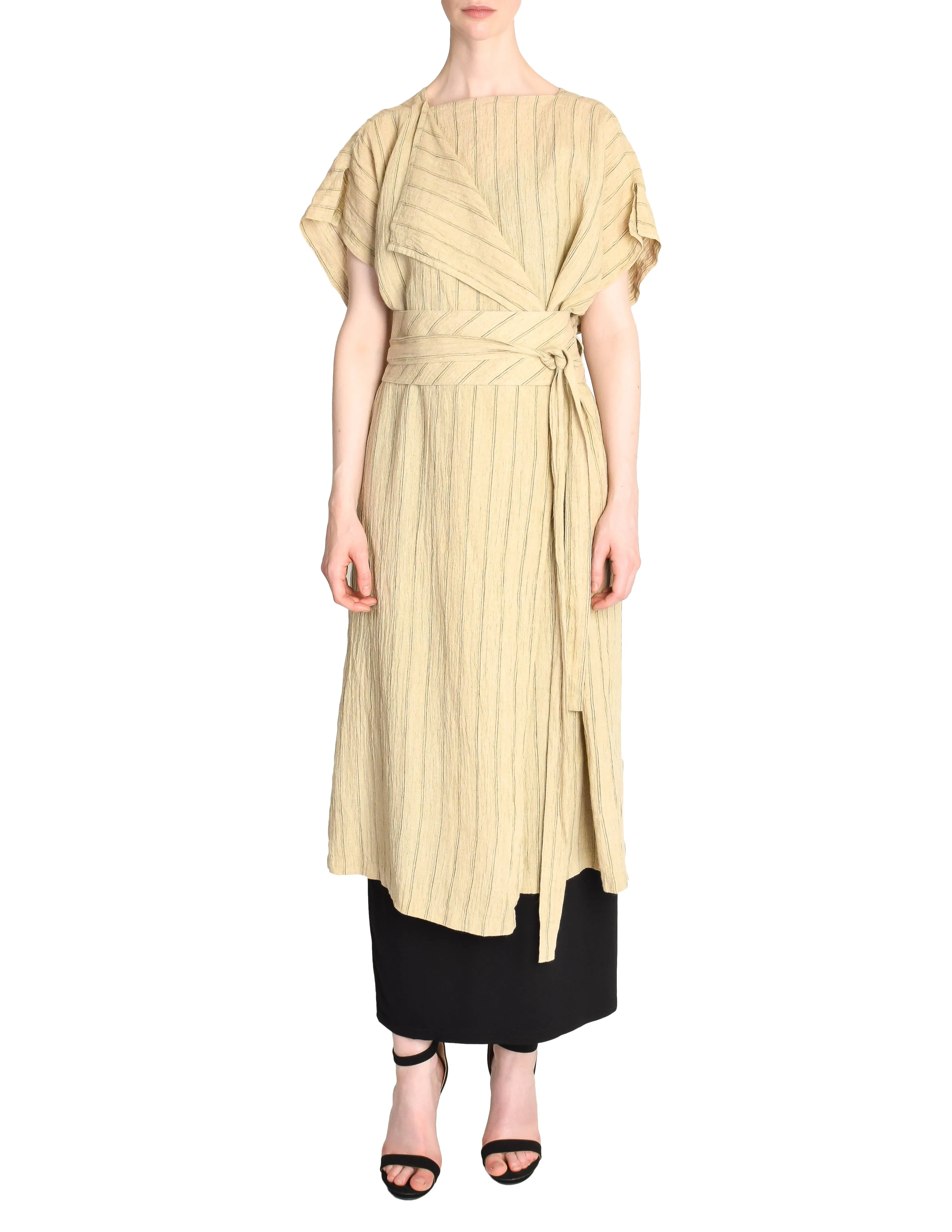 Issey Miyake Vintage Beige Linen Belted Wrap Duster Dress