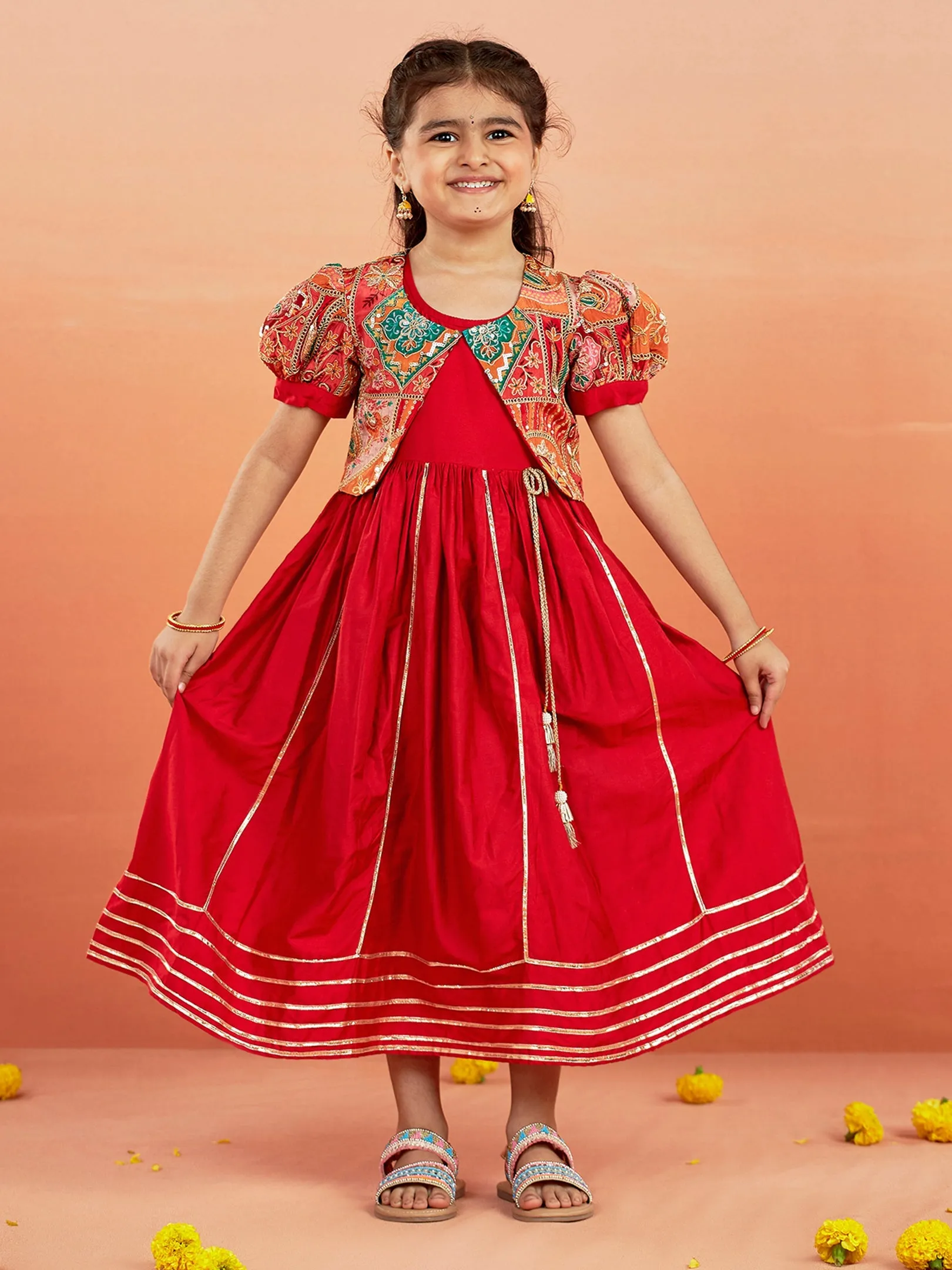 Jashvi Girls' Red Anarkali Set