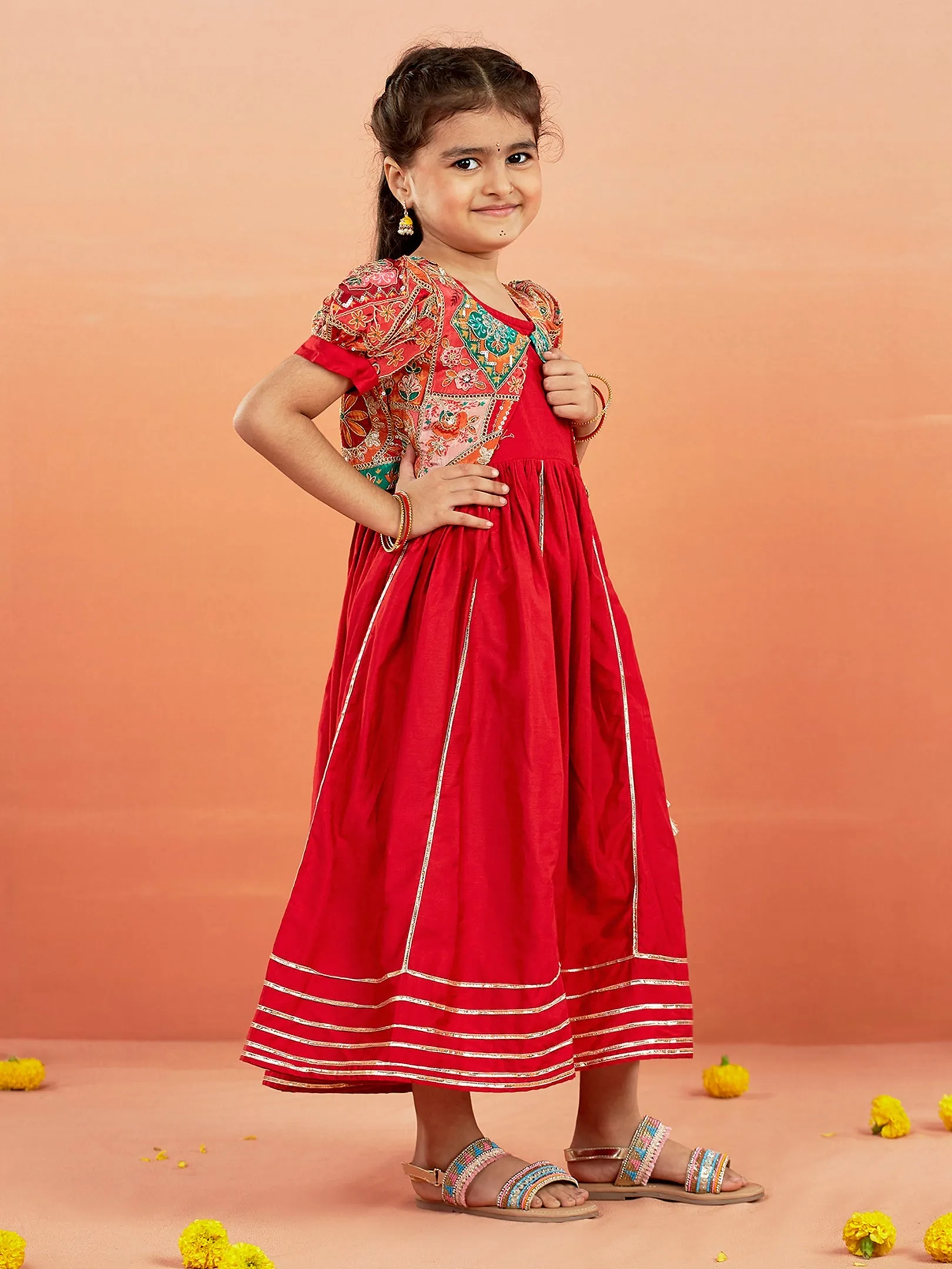 Jashvi Girls' Red Anarkali Set