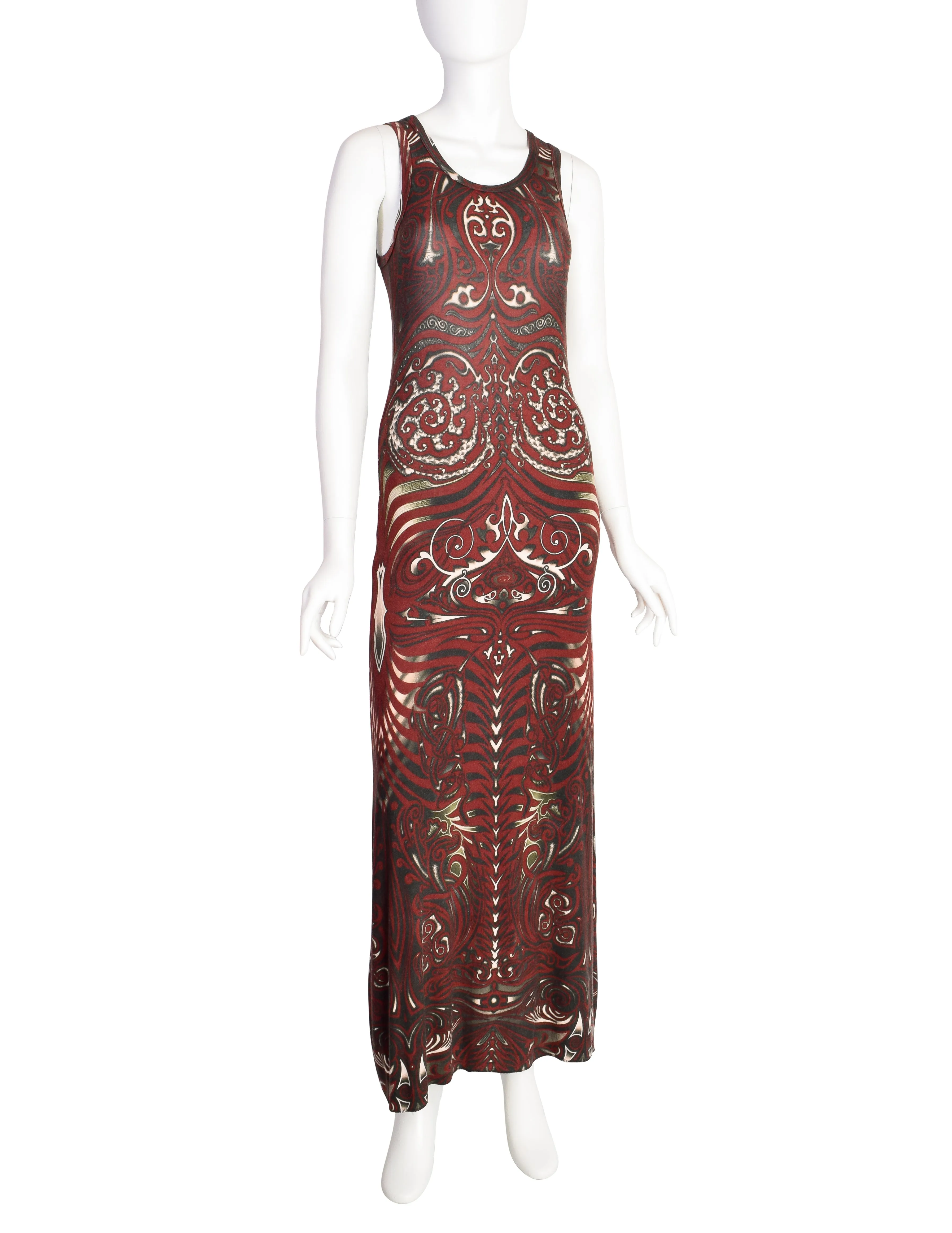 Jean Paul Gaultier Vintage SS 1996 Cyberbaba Tribal Tattoo Print Burgundy Tank Maxi Dress