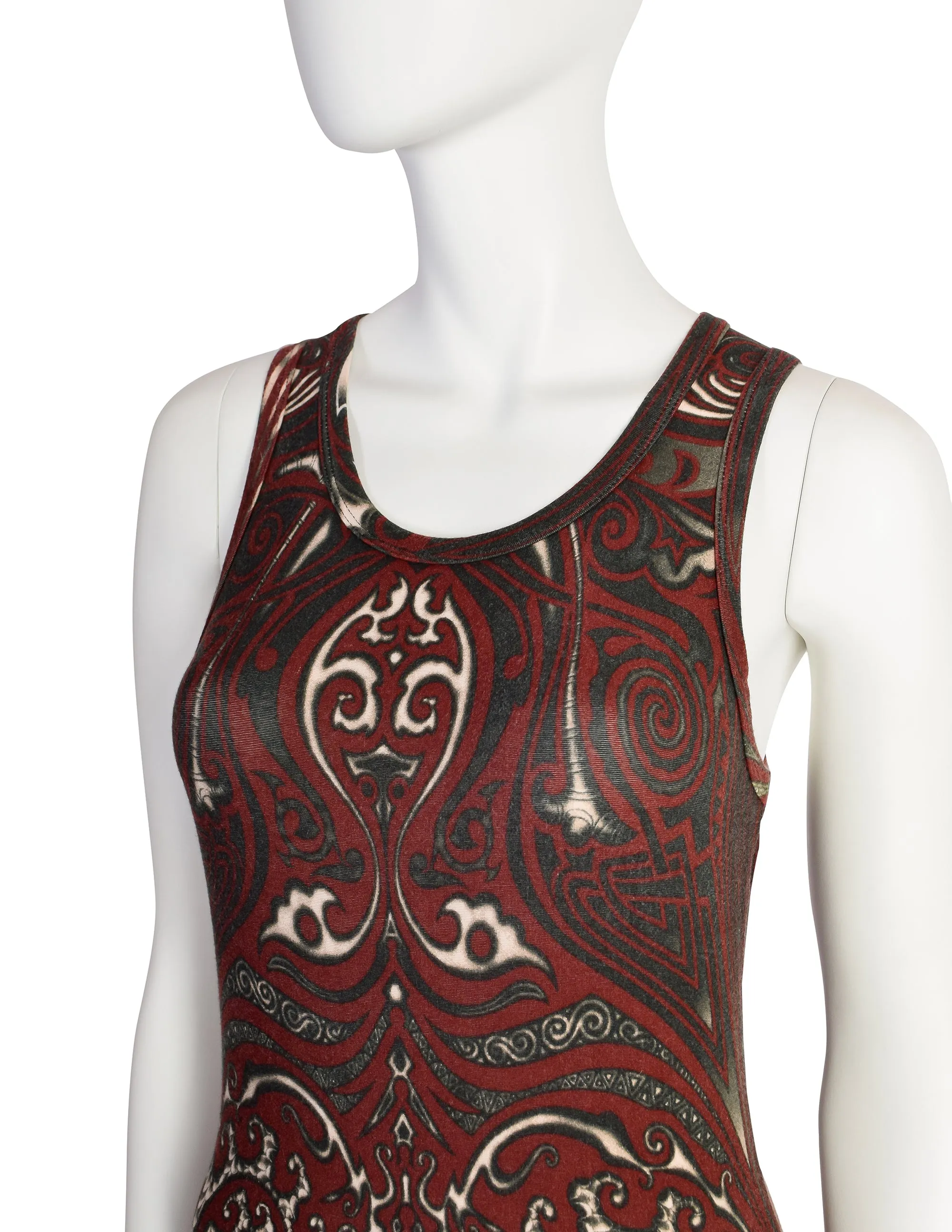 Jean Paul Gaultier Vintage SS 1996 Cyberbaba Tribal Tattoo Print Burgundy Tank Maxi Dress