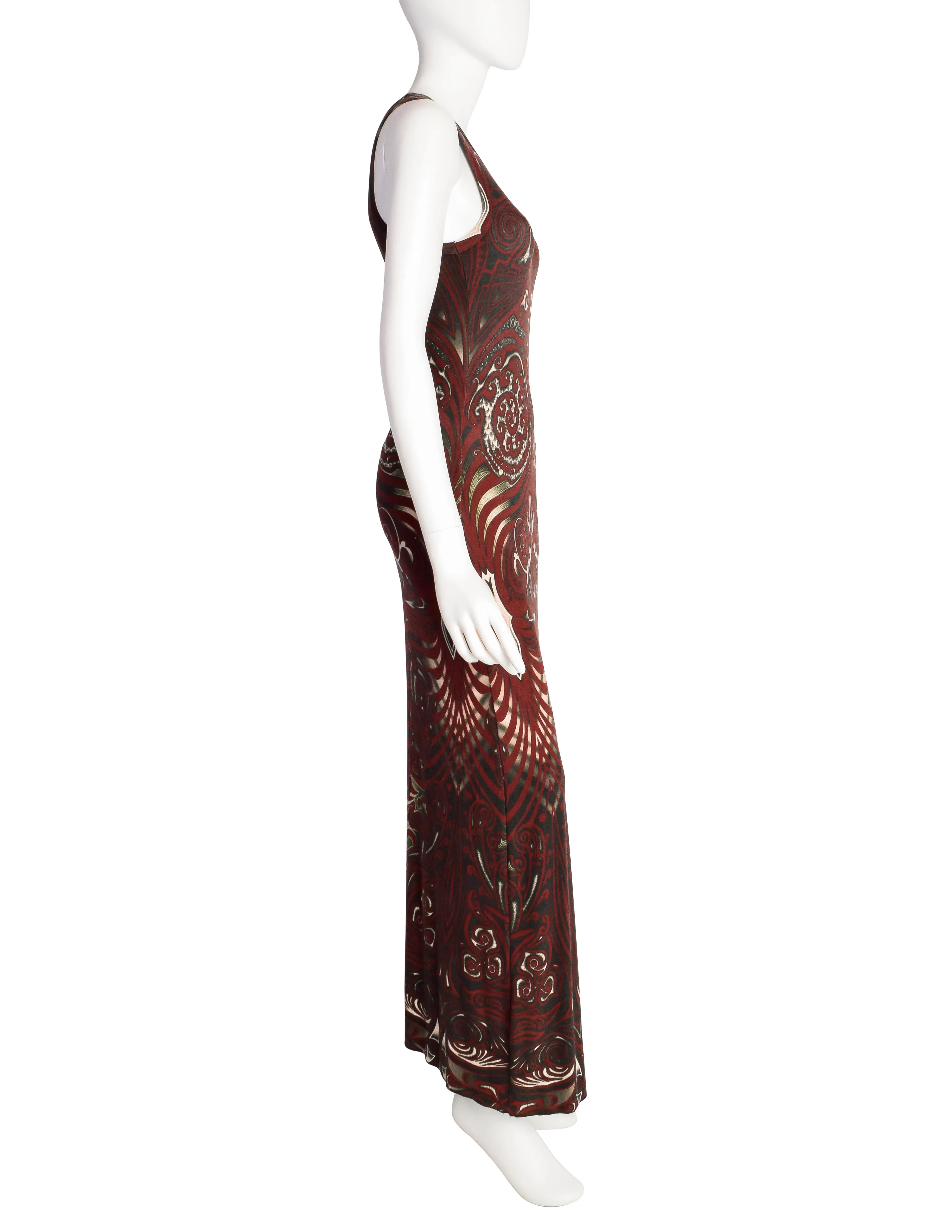 Jean Paul Gaultier Vintage SS 1996 Cyberbaba Tribal Tattoo Print Burgundy Tank Maxi Dress