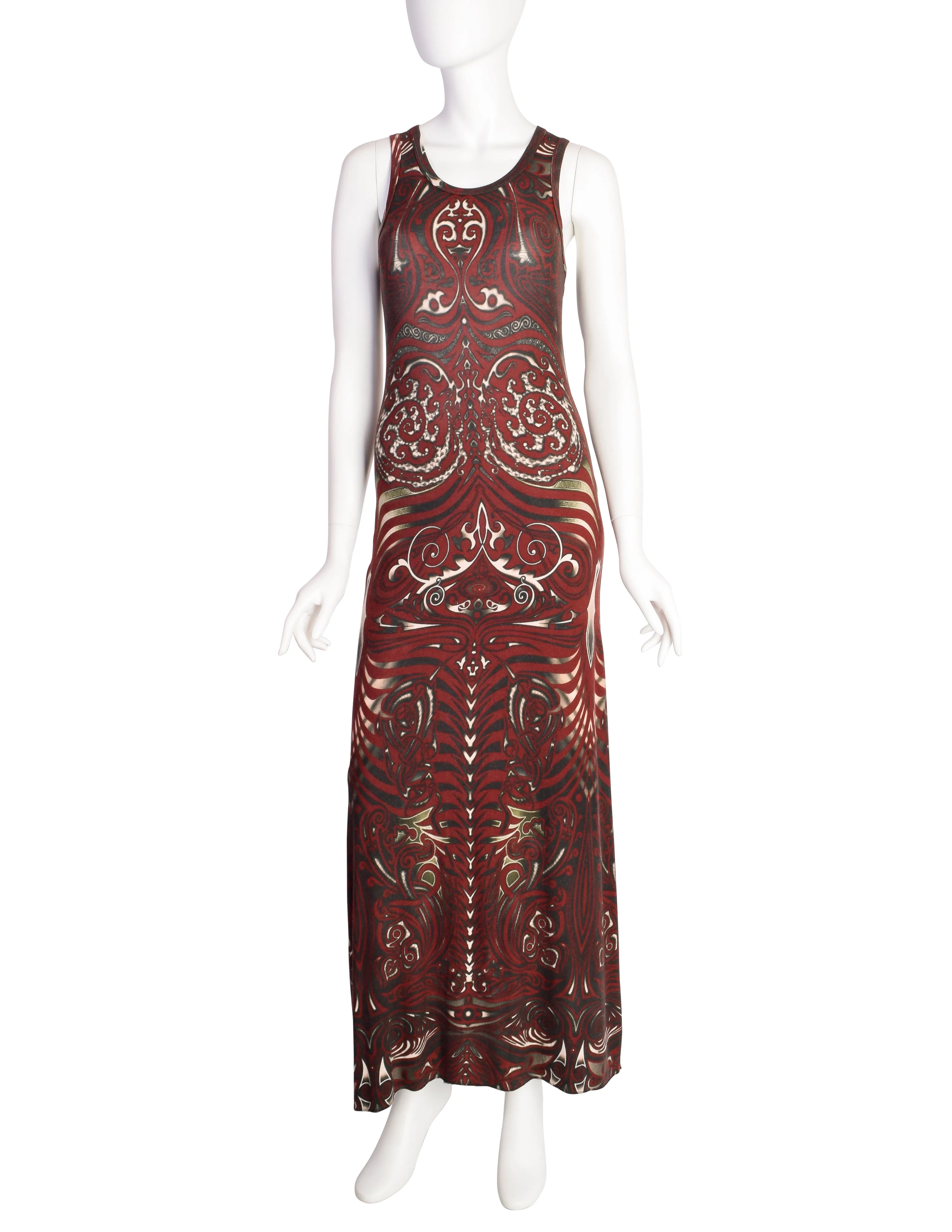 Jean Paul Gaultier Vintage SS 1996 Cyberbaba Tribal Tattoo Print Burgundy Tank Maxi Dress