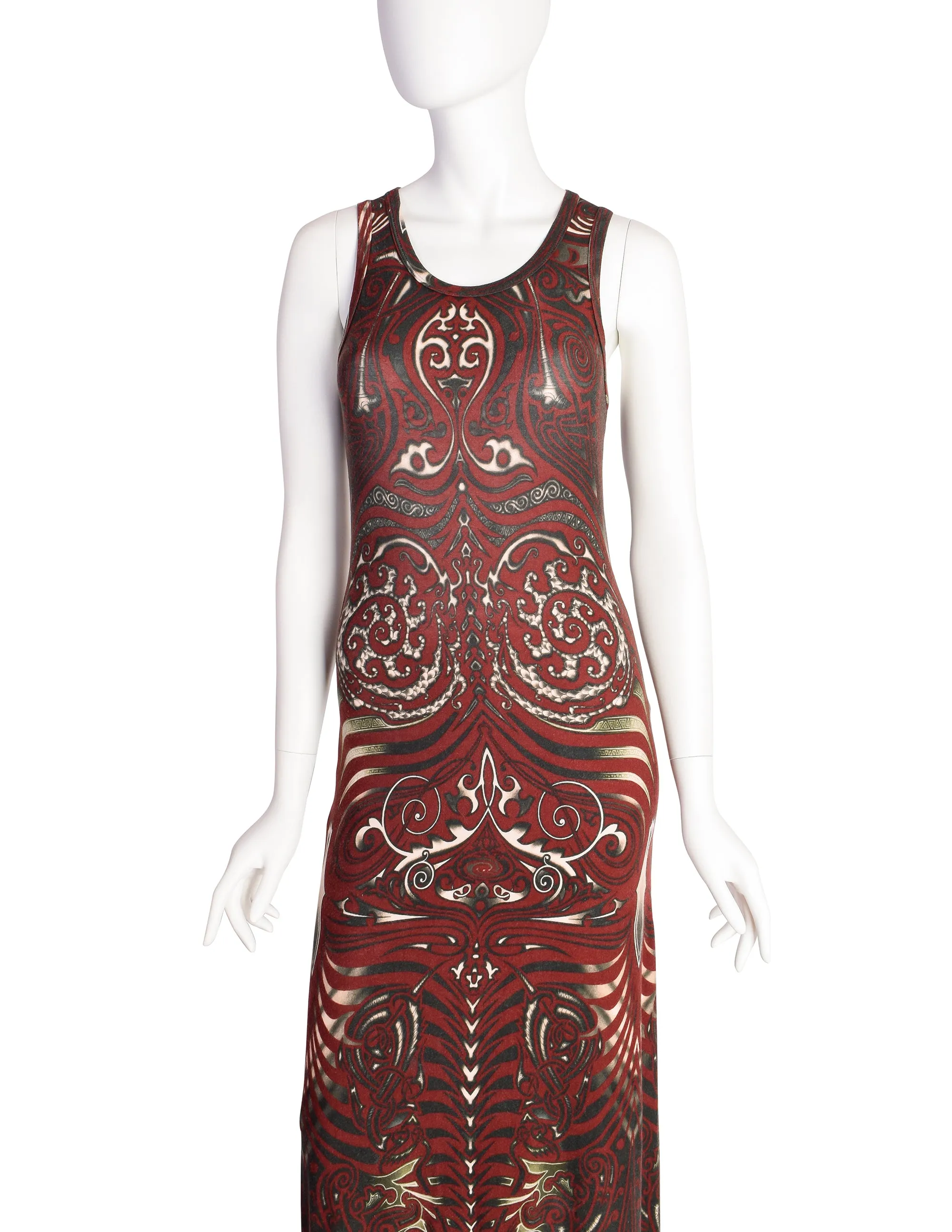 Jean Paul Gaultier Vintage SS 1996 Cyberbaba Tribal Tattoo Print Burgundy Tank Maxi Dress