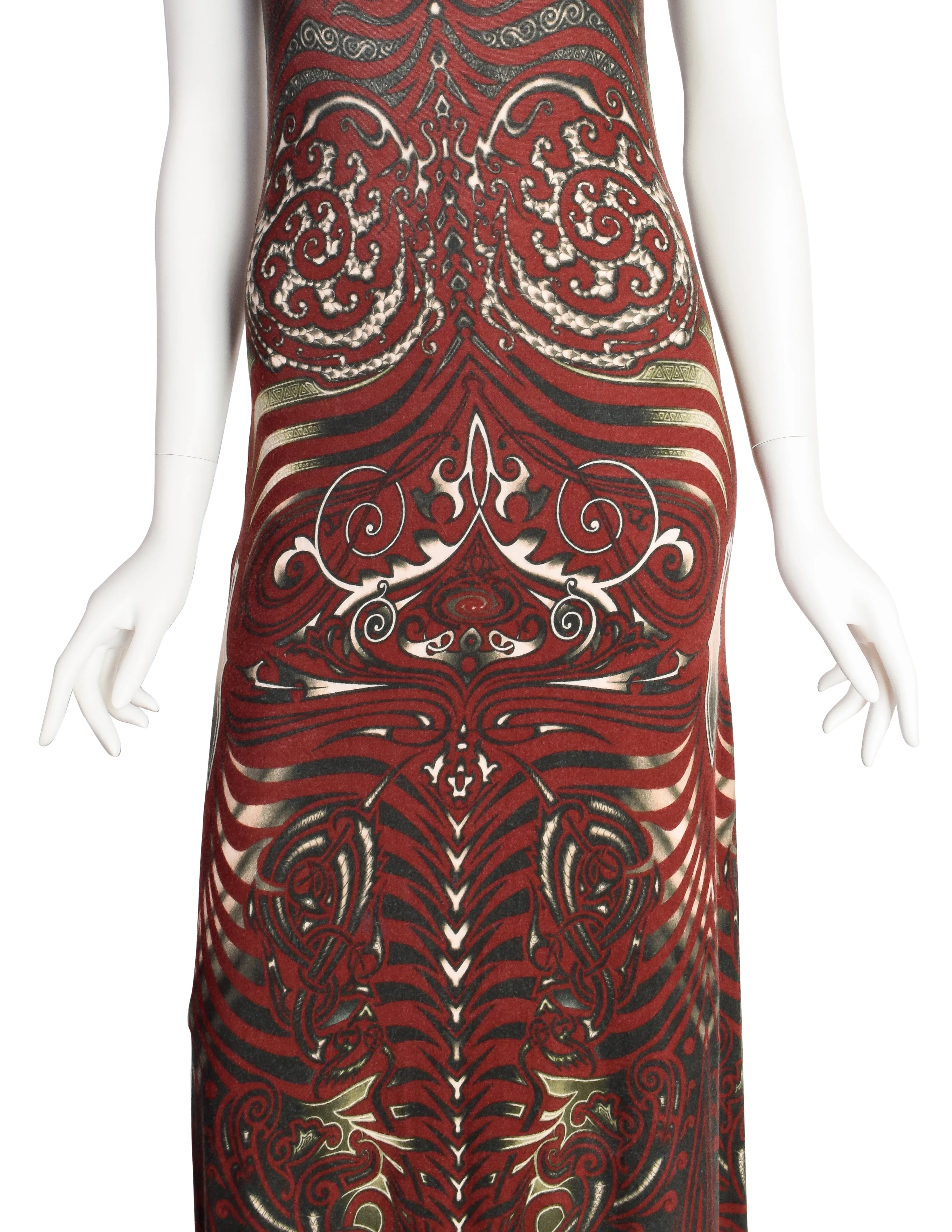 Jean Paul Gaultier Vintage SS 1996 Cyberbaba Tribal Tattoo Print Burgundy Tank Maxi Dress