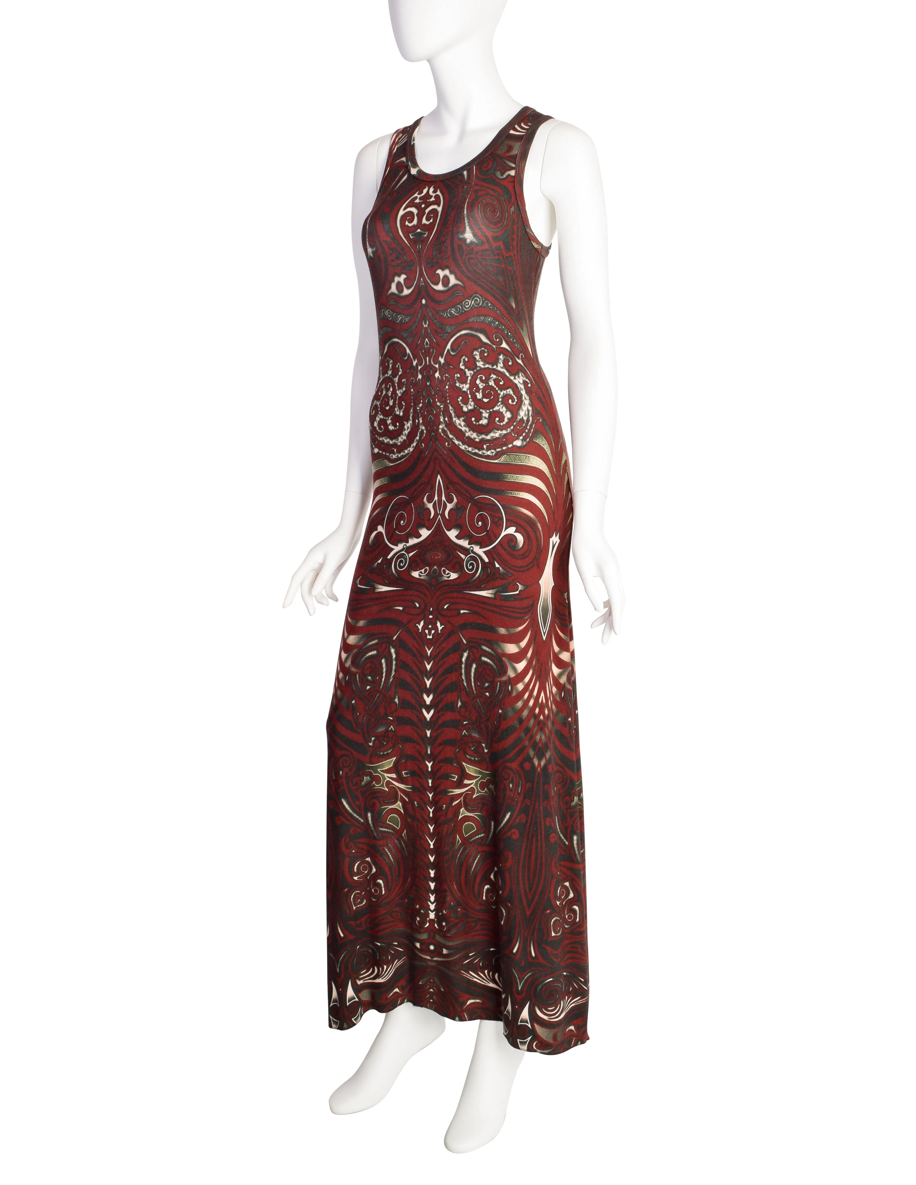 Jean Paul Gaultier Vintage SS 1996 Cyberbaba Tribal Tattoo Print Burgundy Tank Maxi Dress