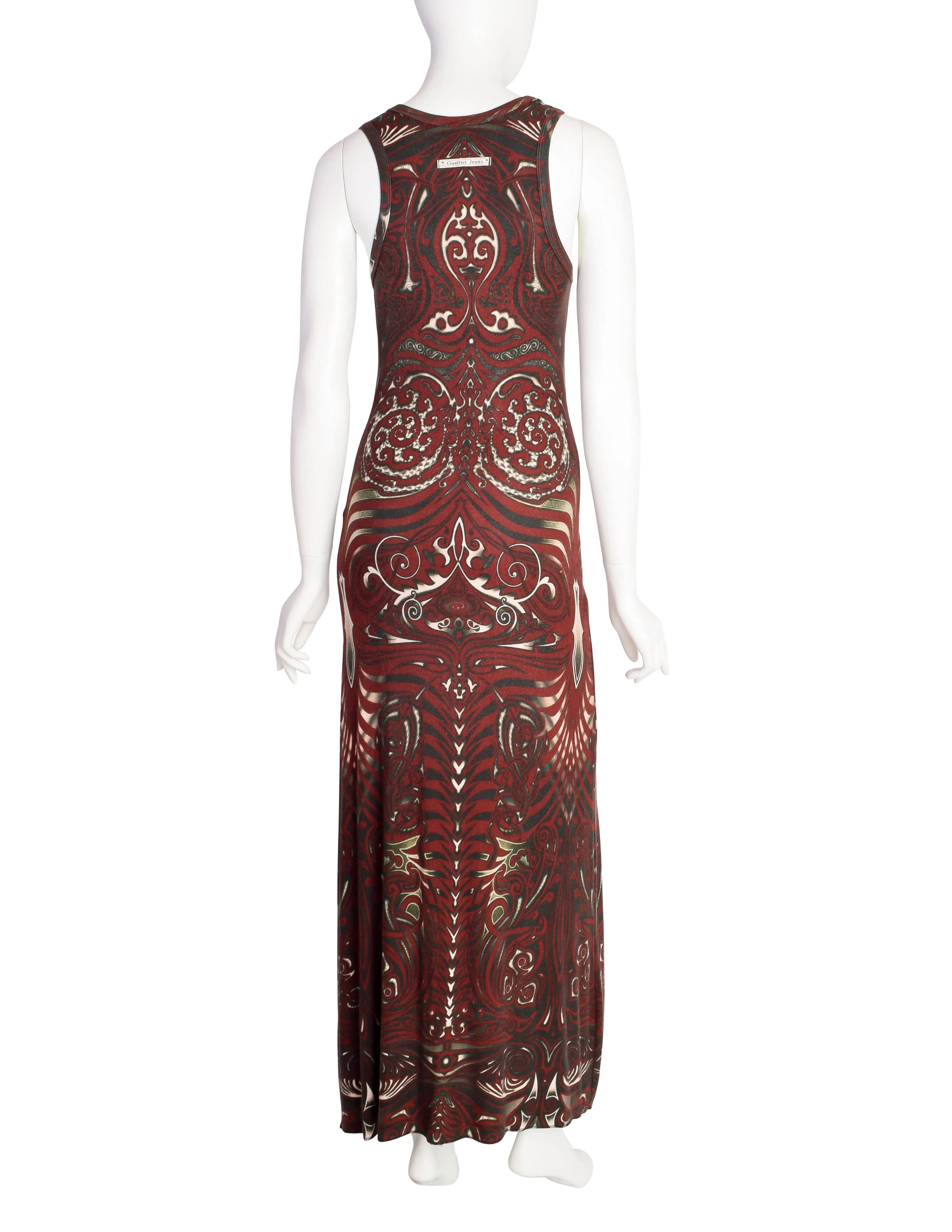 Jean Paul Gaultier Vintage SS 1996 Cyberbaba Tribal Tattoo Print Burgundy Tank Maxi Dress