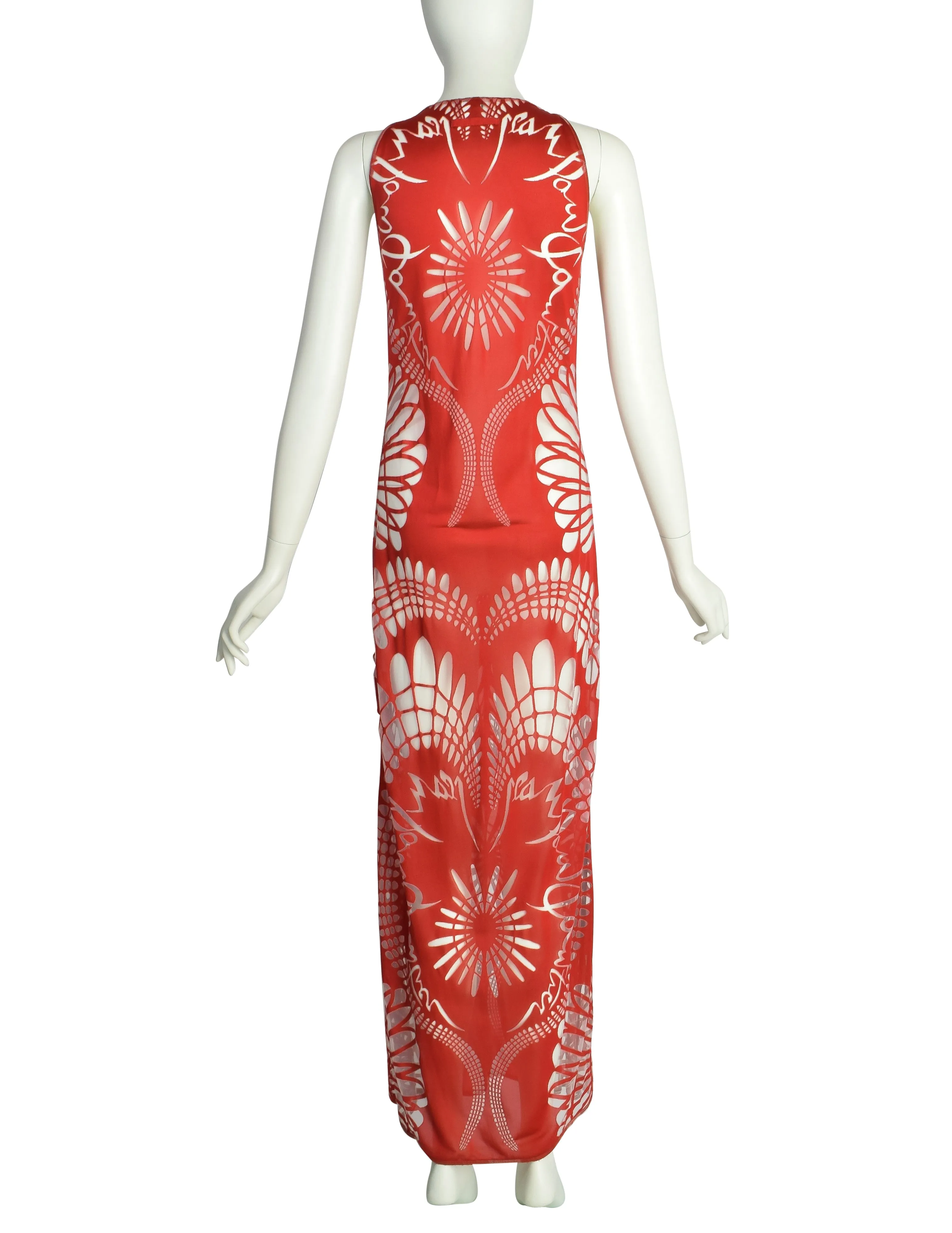 Jean Paul Gaultier Vintage SS 2001 Red Art Nouveau Sheer Cutout Tank Maxi Dress