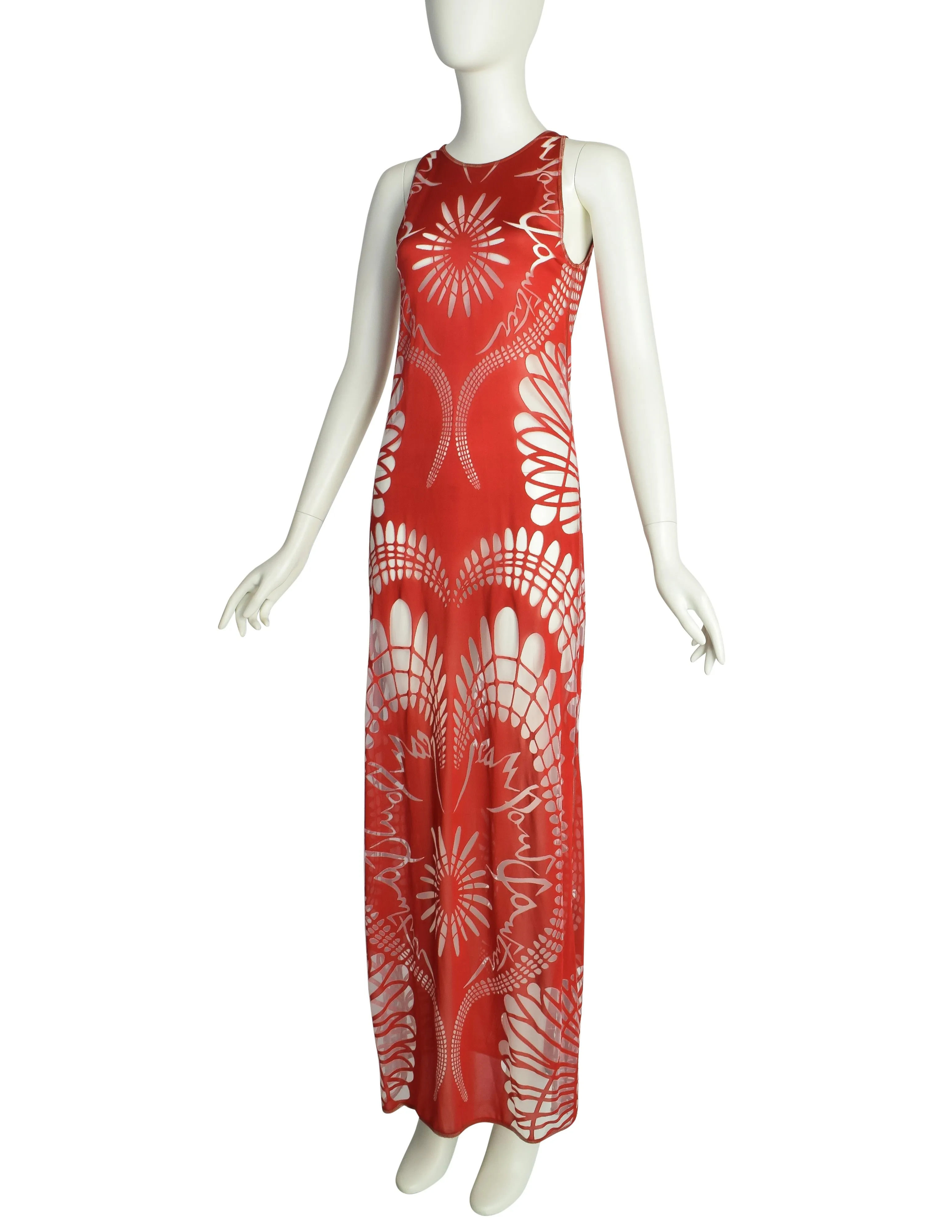 Jean Paul Gaultier Vintage SS 2001 Red Art Nouveau Sheer Cutout Tank Maxi Dress