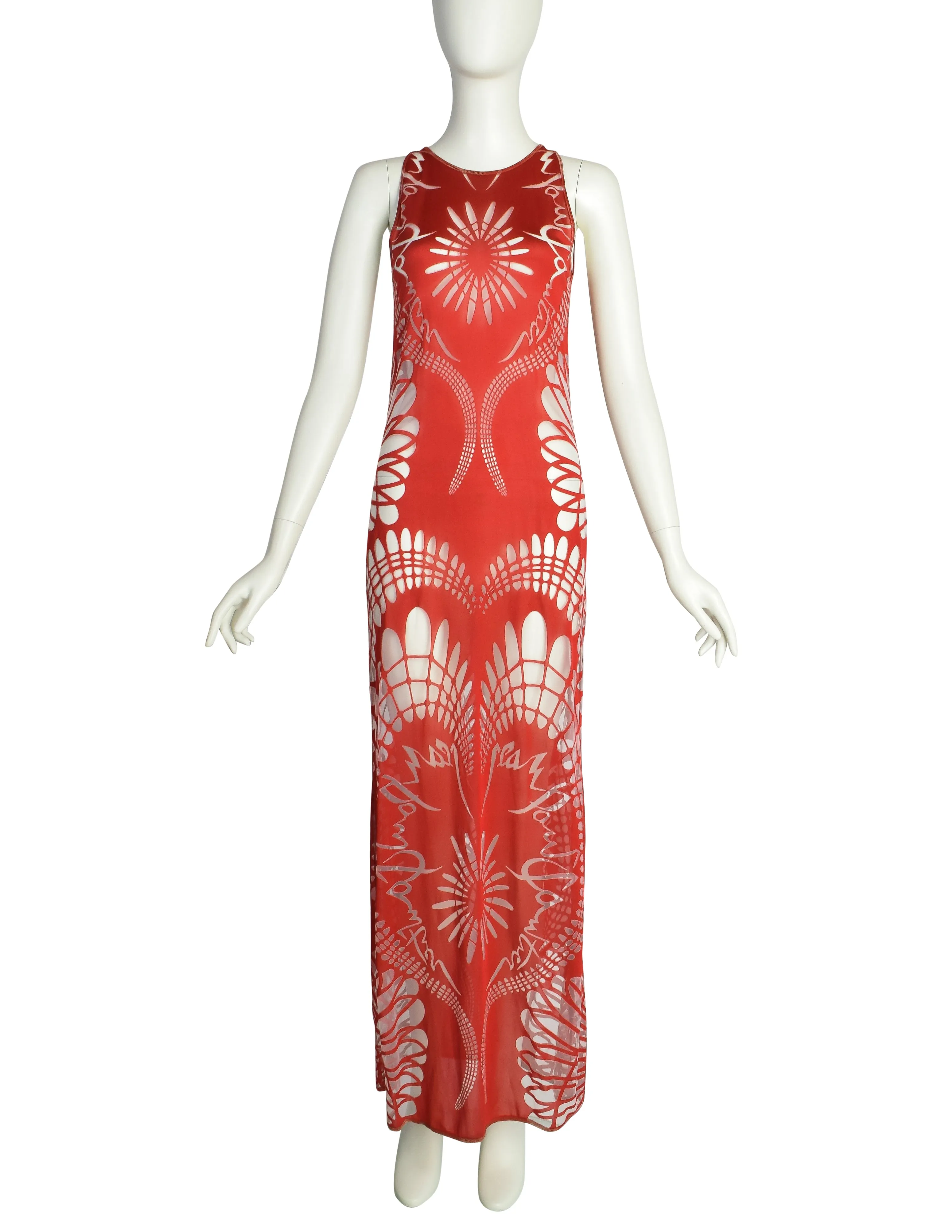 Jean Paul Gaultier Vintage SS 2001 Red Art Nouveau Sheer Cutout Tank Maxi Dress