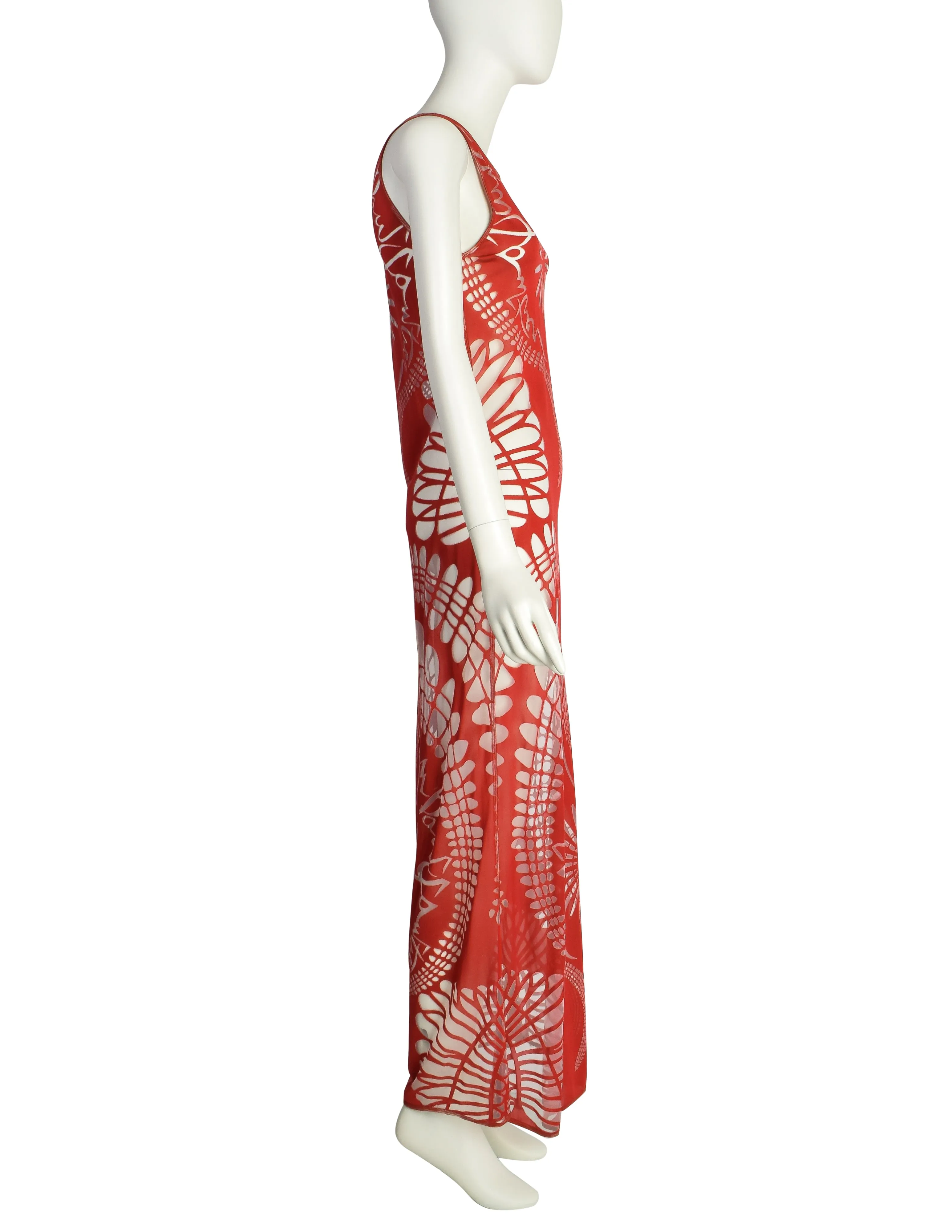 Jean Paul Gaultier Vintage SS 2001 Red Art Nouveau Sheer Cutout Tank Maxi Dress