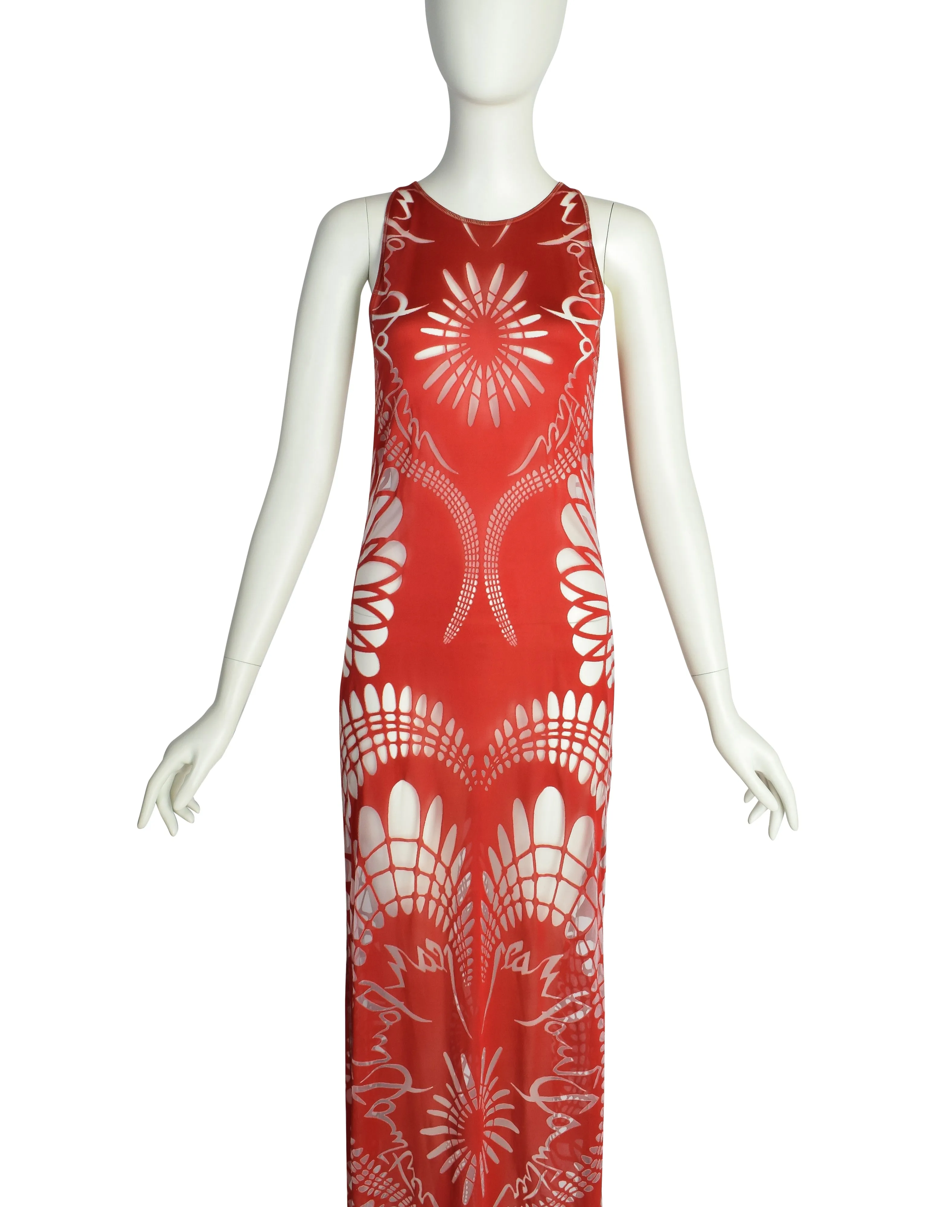 Jean Paul Gaultier Vintage SS 2001 Red Art Nouveau Sheer Cutout Tank Maxi Dress